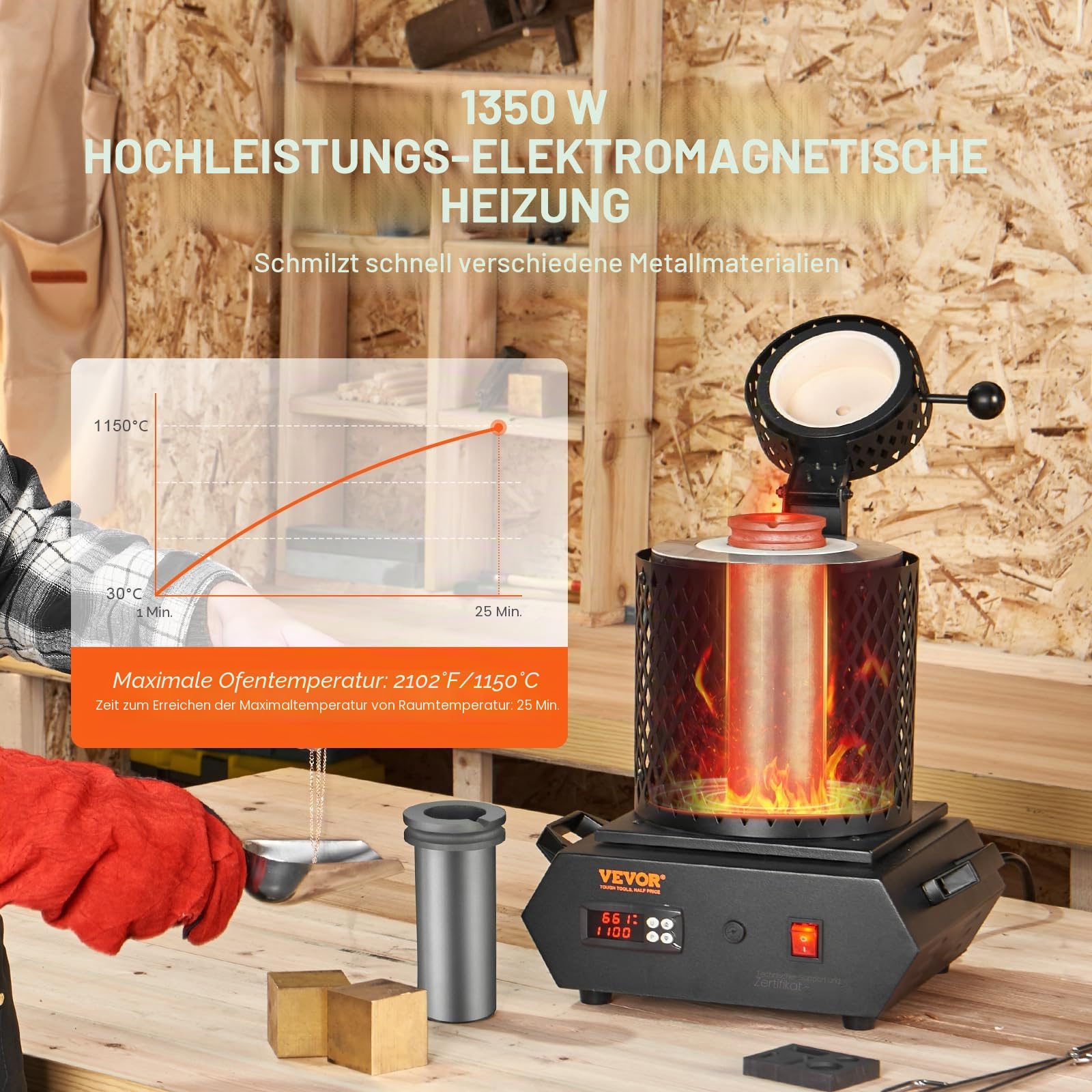 VEVOR Goldschmelzofen 1350 W, Elektrischer Digitaler Schmelzofen, 1150 ℃, elektrischer Schmelzofen mit 1 kg & 3 kg Graphittiegeln zum Schmelzen von Gold, Silber, Kupfer, Aluminium usw. Schwarz