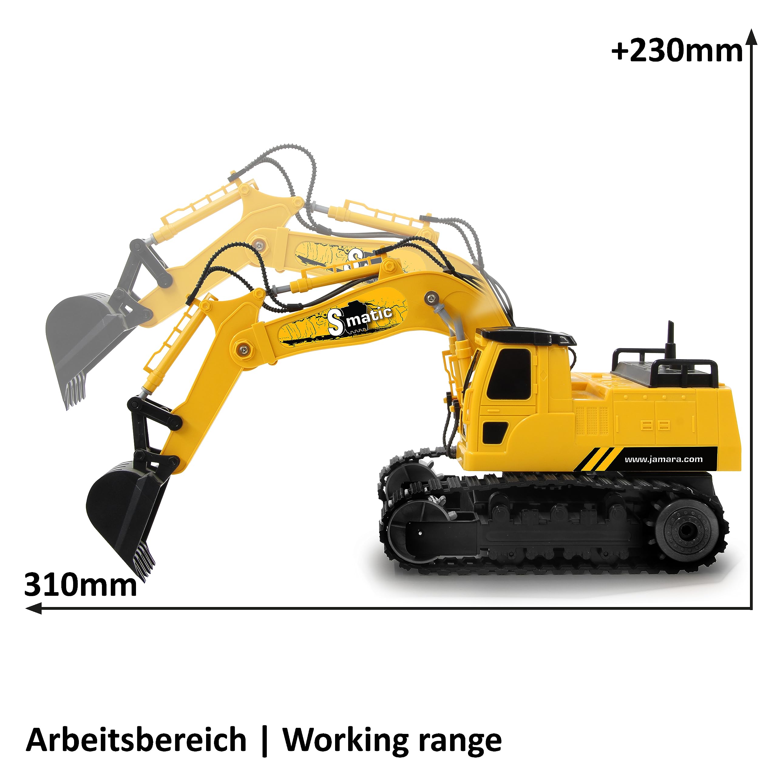 JAMARA S-Matic - Excavadora de 2,4 GHz, rotación de Torre de 360°, Carga/Descarga, Color Amarillo