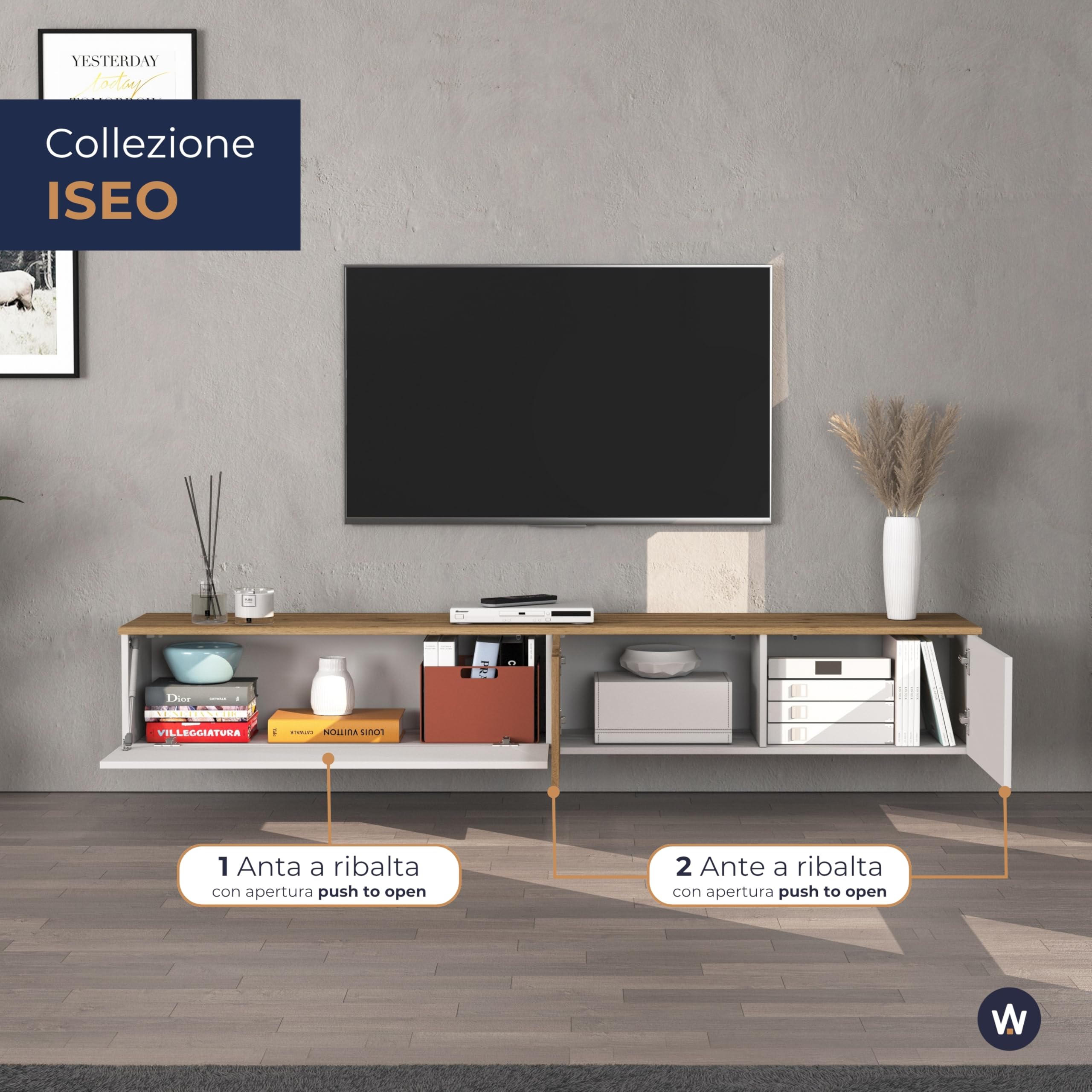 WHOUS Mobile Porta TV Sospeso ISEO per Soggiorno con 2 Ante e 1 a Ribalta, Mobile Tv a Parete per Salotto, 200x35x30 cm, Bianco Lucido e Rovere