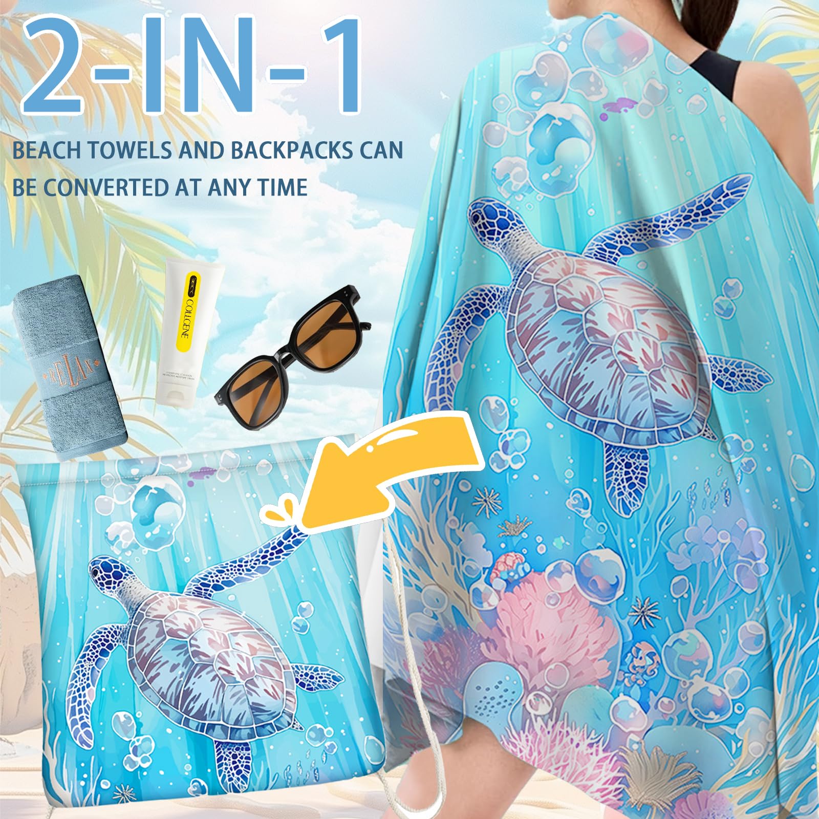 Serviette De Plage Sac à Dos – Microfibre Rapide Séchage – 140 X 70 Cm – Anti-sable – Tortue Bleue - 11