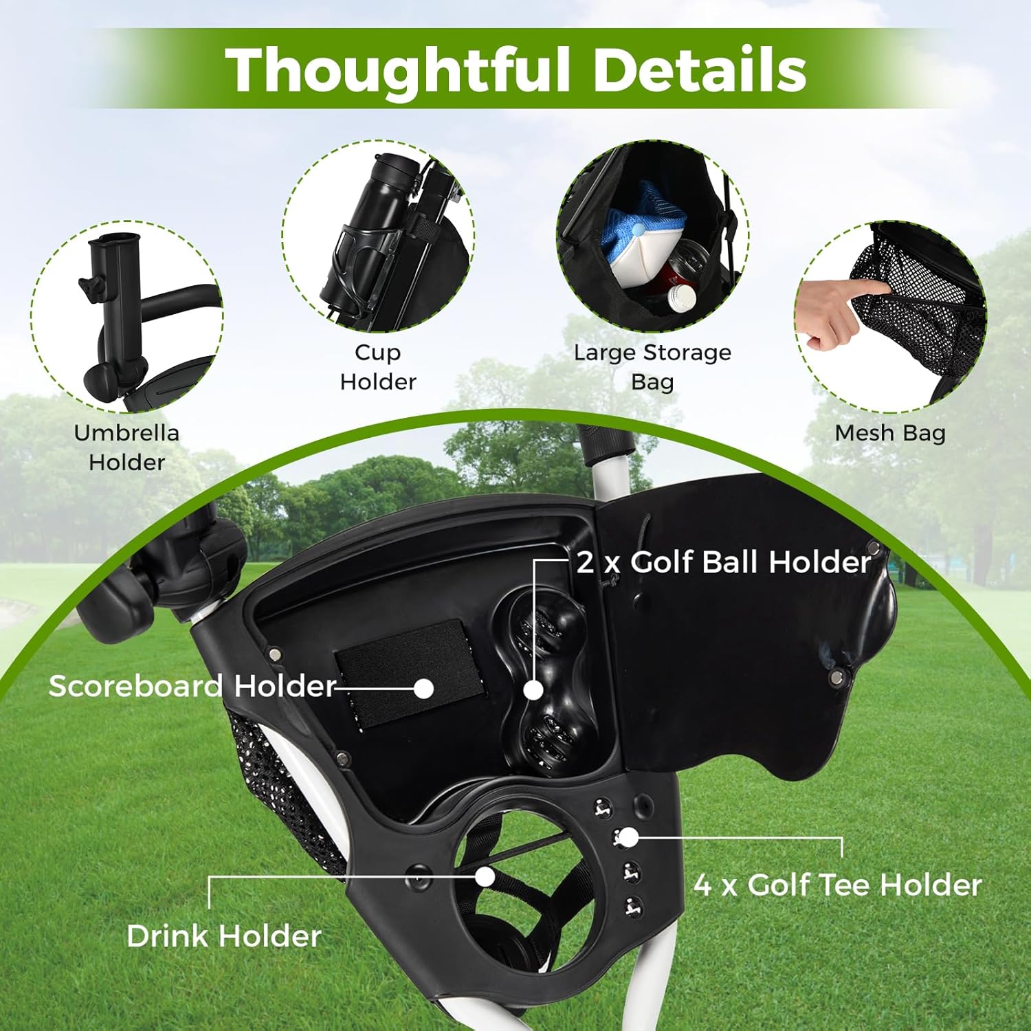 ULTIMATE 3 Wheel Golf Push Pull Cart, Foldable Lightweight Golf Bag Trolley w/Adjustable Seat and Handle, Scorecard Holder, Umbrella Holder, Cup Holder, Storage Bag and Foot Brake