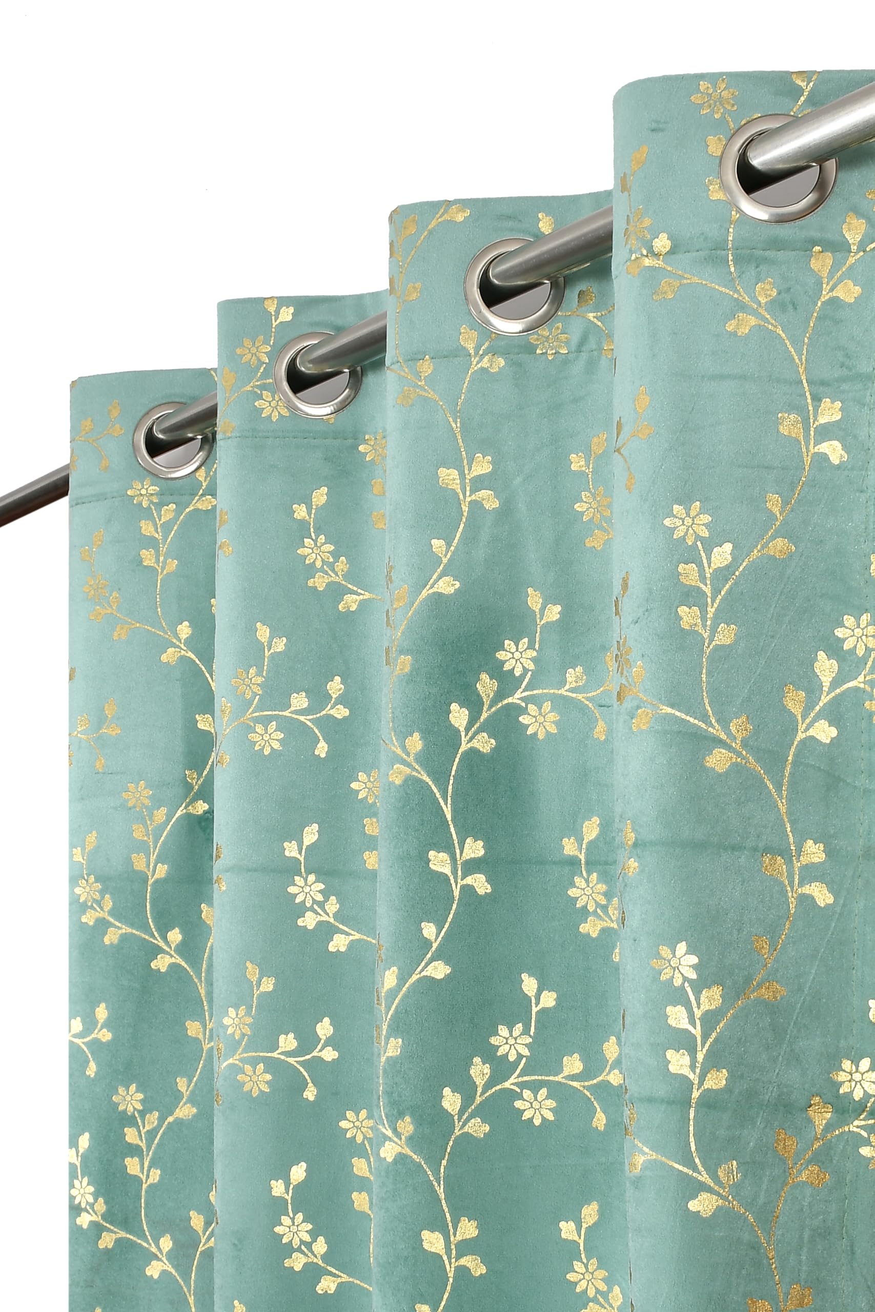 Heavy Velvet Fabric Luxury Looks Room Darkening Floral Designer Curtains 9 Feet for Long Door, Aqua Island, Pack of 2 Pieces