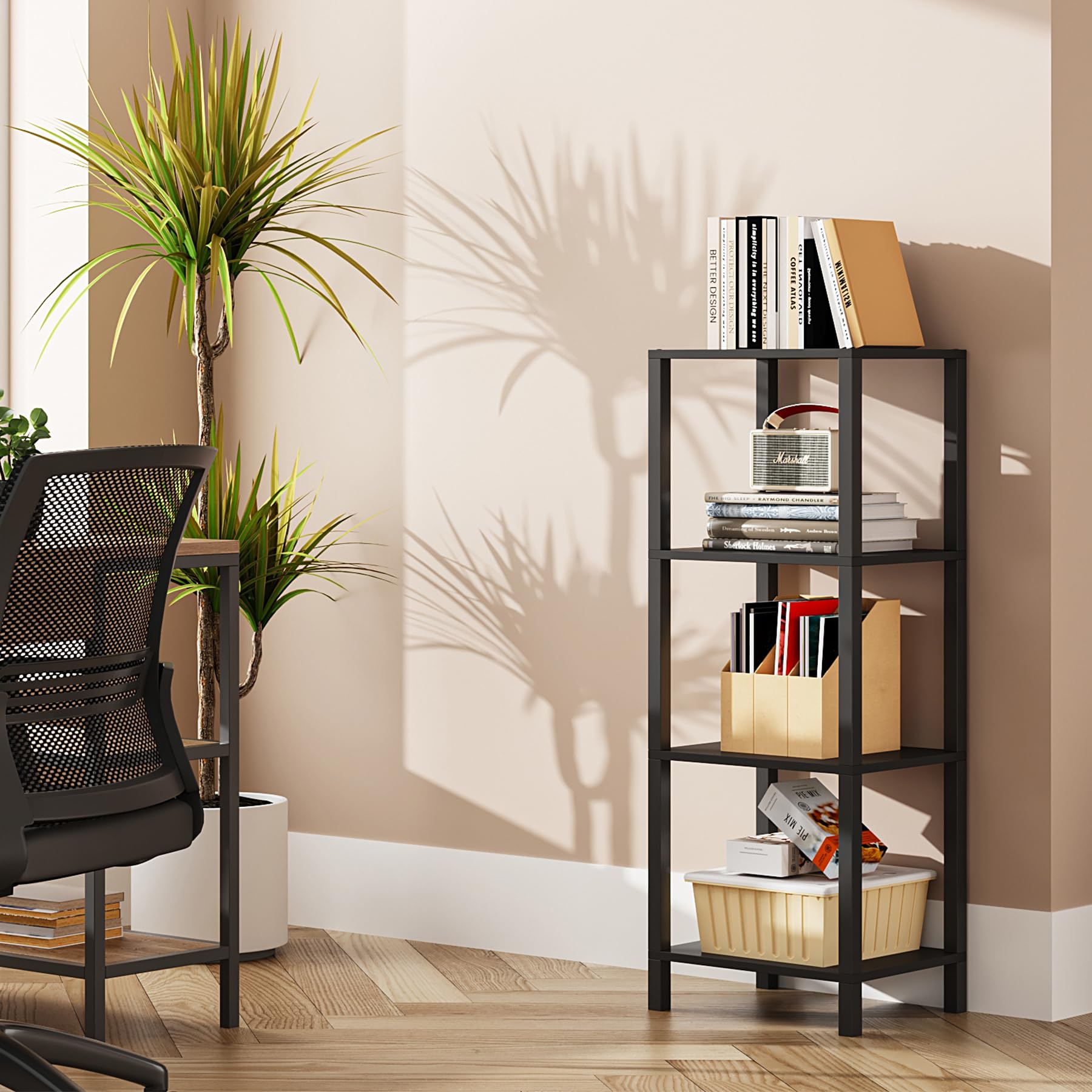 TUTOTAK Bookshelf, 4-Tier Tall Book Shelf, Narrow Bookcase for Small Space, DIY Stackable Bookshelf, for Living Room, Office, Study, Entryway,