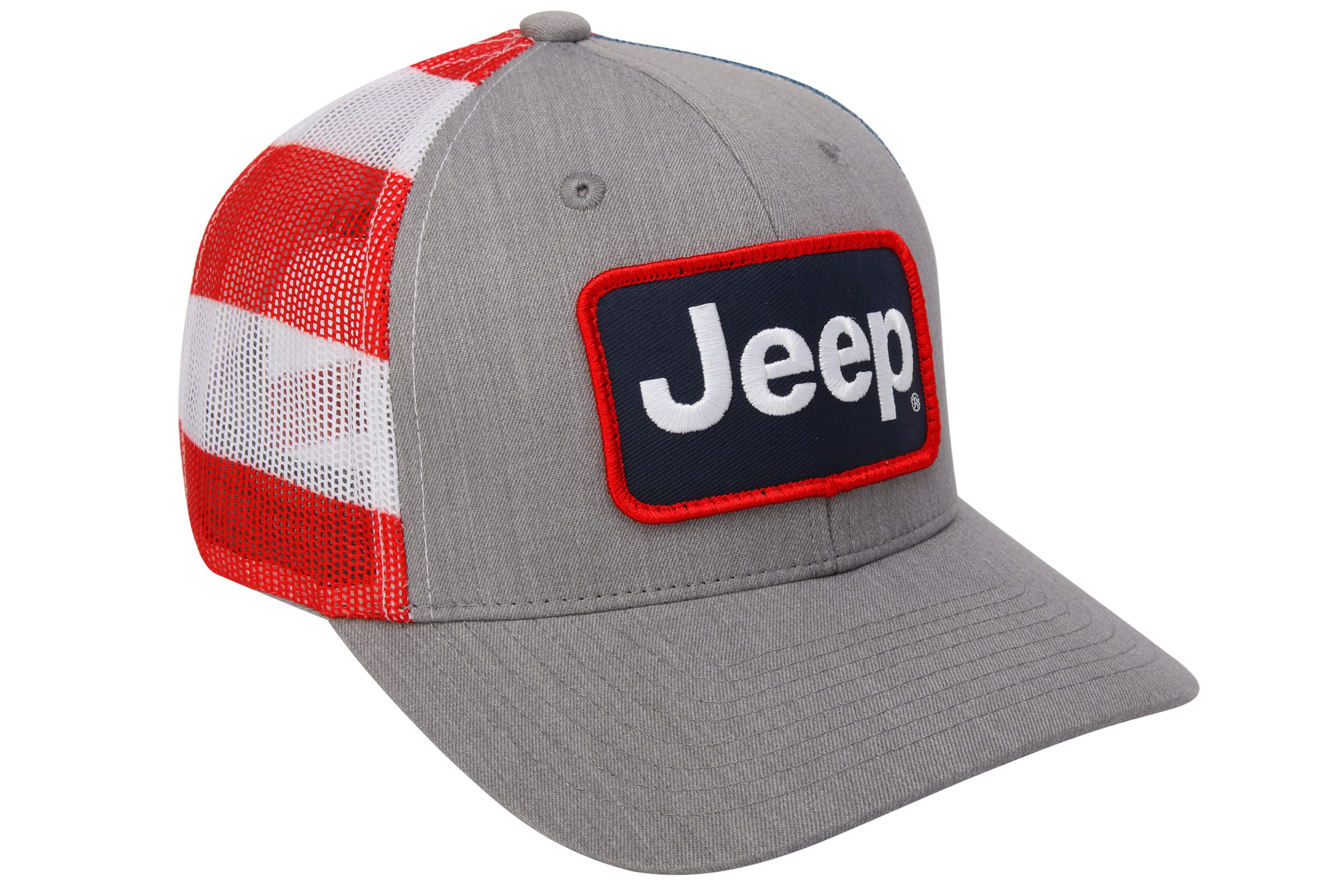 JeepStars and Stripes Trucker Hat – Grey Front Panel with Embroidered Patch – American Flag Mesh Back – Snapback Closure – Officially Licensed