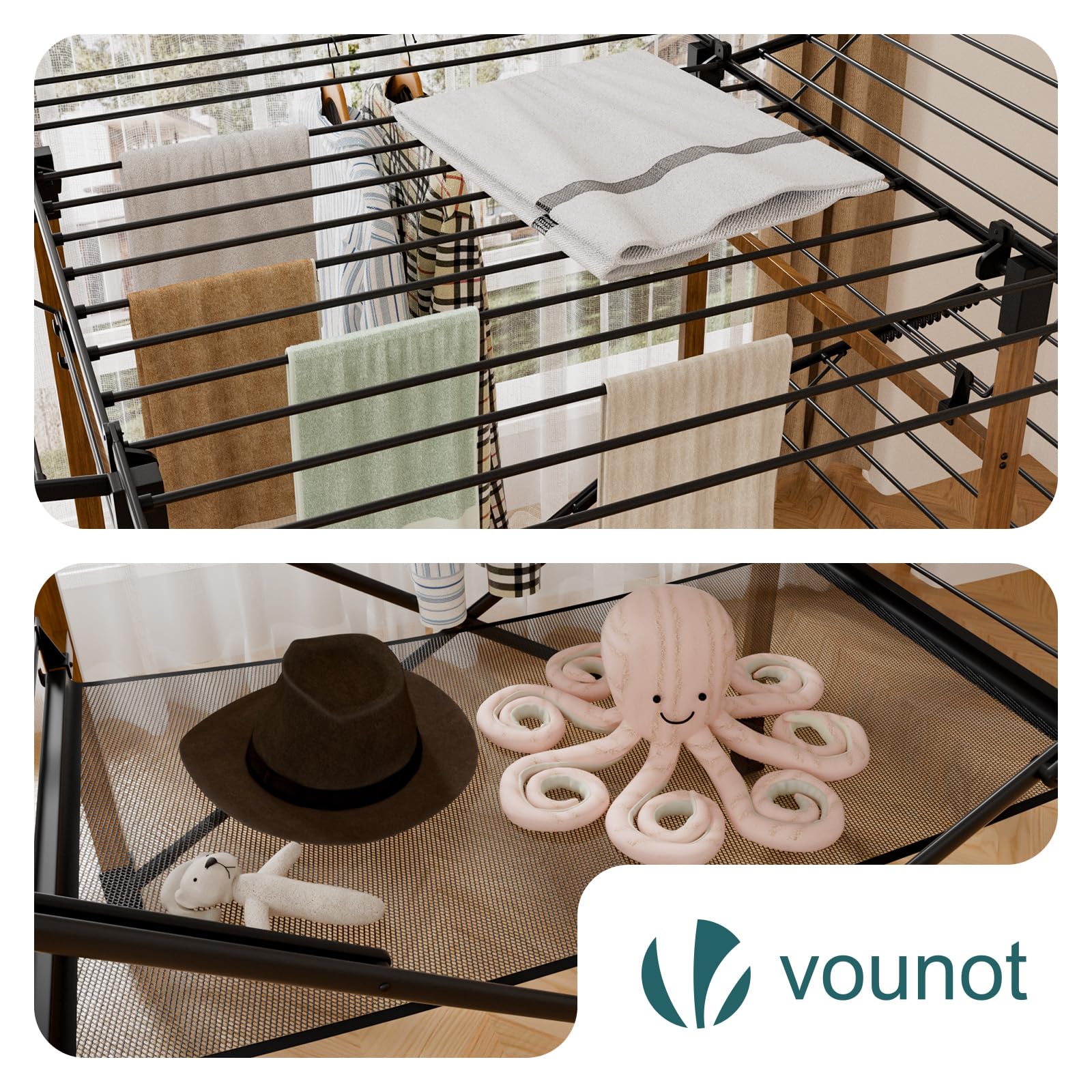 VOUNOT® Wäscheständer ausziehbar, Standtrockner mit Rollen & Wäschenetz, Flügel Wäscheständer Wäschetrockner, Trockenlänge 30m, platzsparend, klappbar, für Innen und Außen, 173x94x123cm, Schwarz