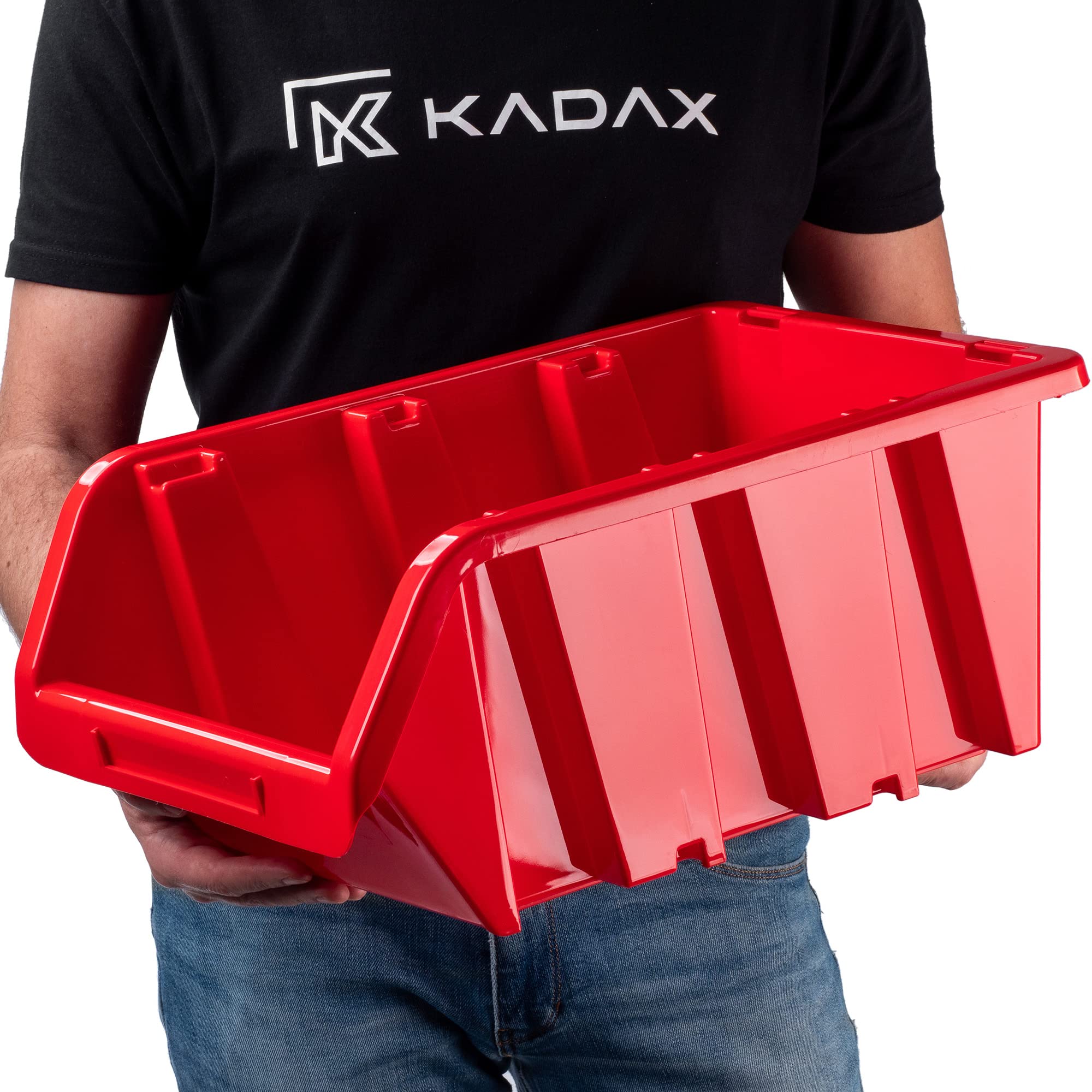 KADAX Boîtes de Rangement Murales, Boîtes Empilables en Plastique pour Organiser Vos Outils, Bacs à Bec pour Garage (Lot de 10 : Rouge, 490 x 298 mm)
