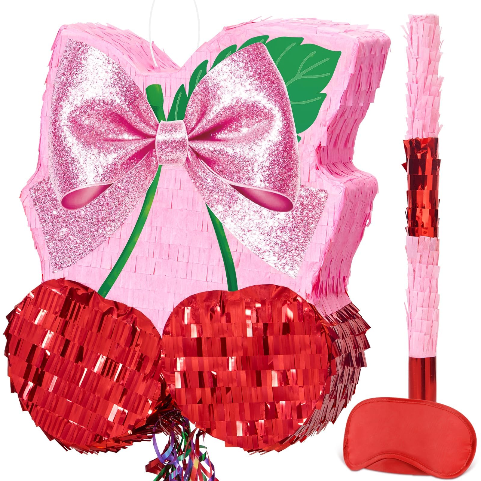 WERNNSAI Cherry Pinata - Pink Bow Party Decorations Shining Cherry Bow Pinata with Blindfold and Stick for Coquette Party Decorations Princess Birthday Bridal Shower Bachelorette Wedding Supplies