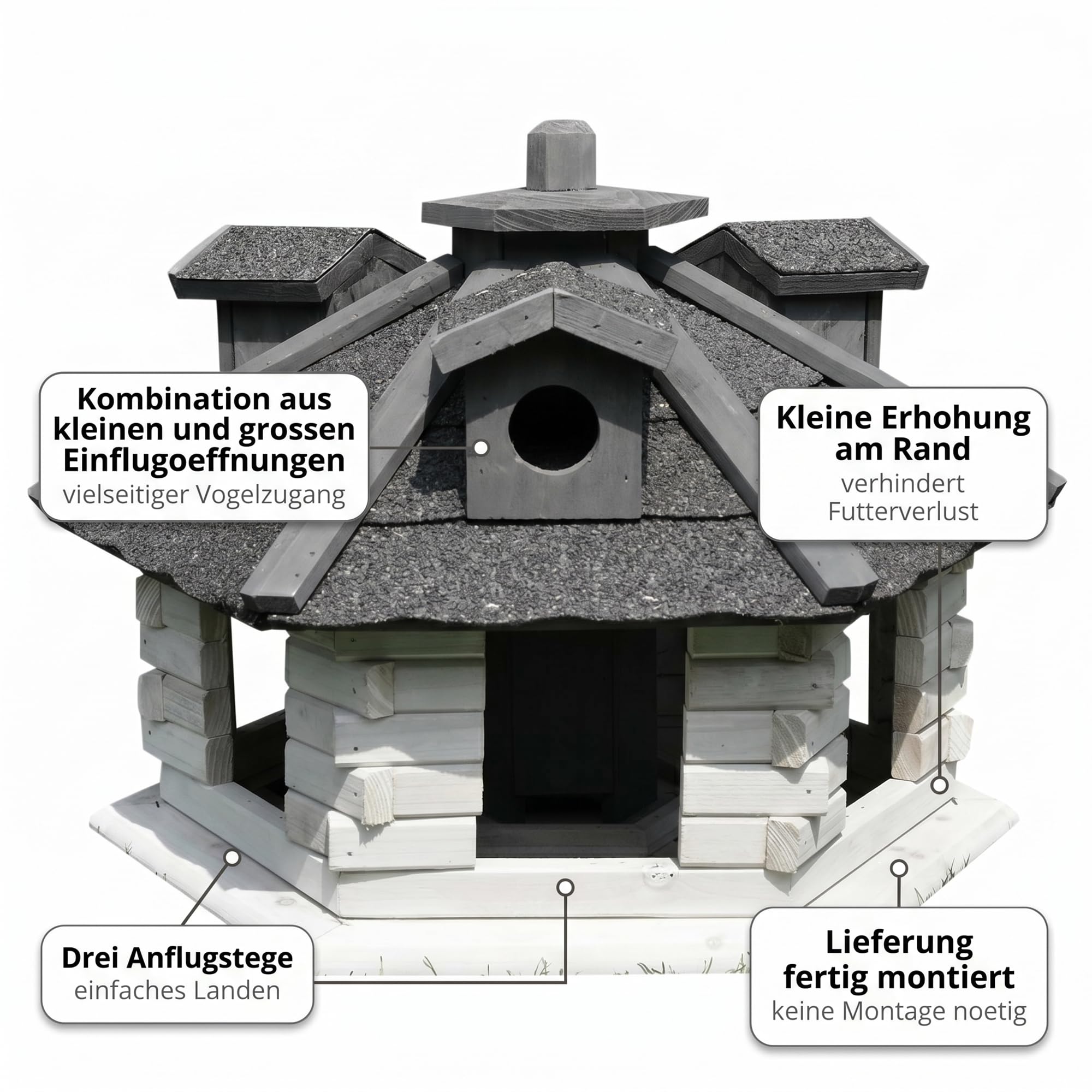Mucola Vogelfutterhaus Vogelhaus 6-eckig mit Futtersilo 48 cm Weiß Grau | Wetterfest für ganzjährige Fütterung, Montage an Baum, Pfosten oder Wand, für Meisen, Finken und Spatzen, leicht zu reinigen