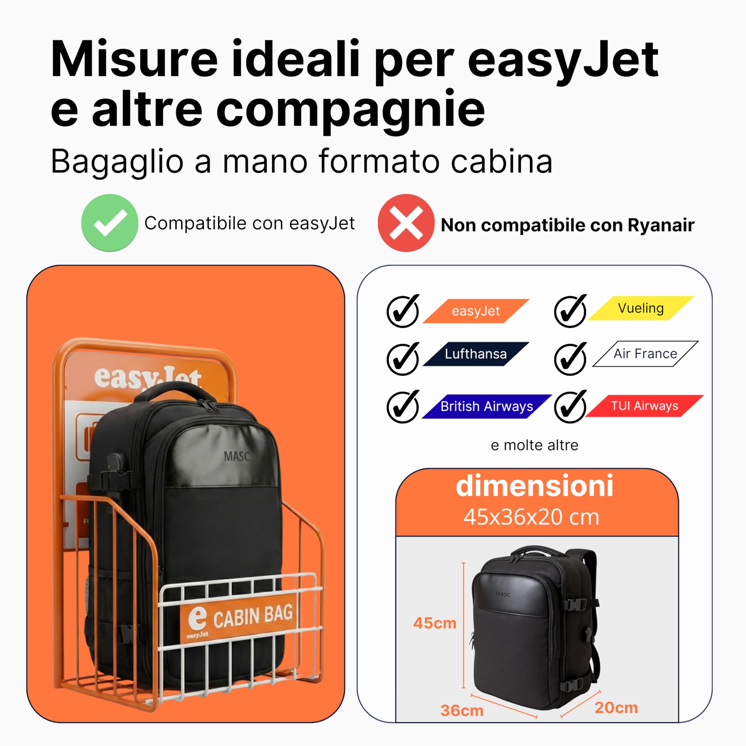Zaino Easyjet 45x36x20 da Viaggio, Zaino Capiente 30L per Viaggio in Aereo - Bagaglio a Mano da Cabina Impermeabile Porta PC con Lucchetto e Caricatore USB
