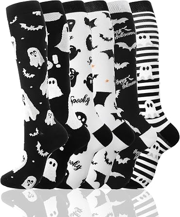 Fourluoo 6 Pairs Halloween Compression Socks