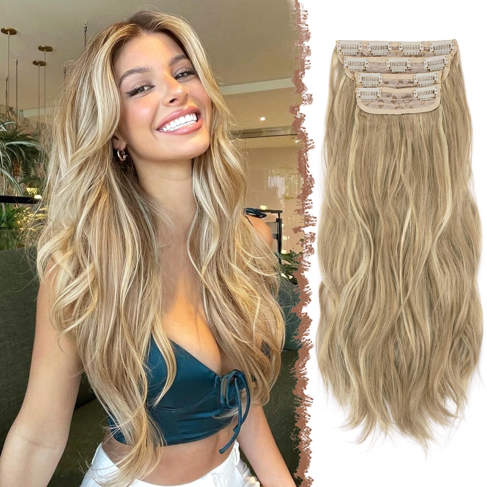 FESHFEN Clip in Hair Extensions for Women, 4 Pcs Thick Double Weft Long Wavy Soft Synthetic Blends Well Hair Extension
