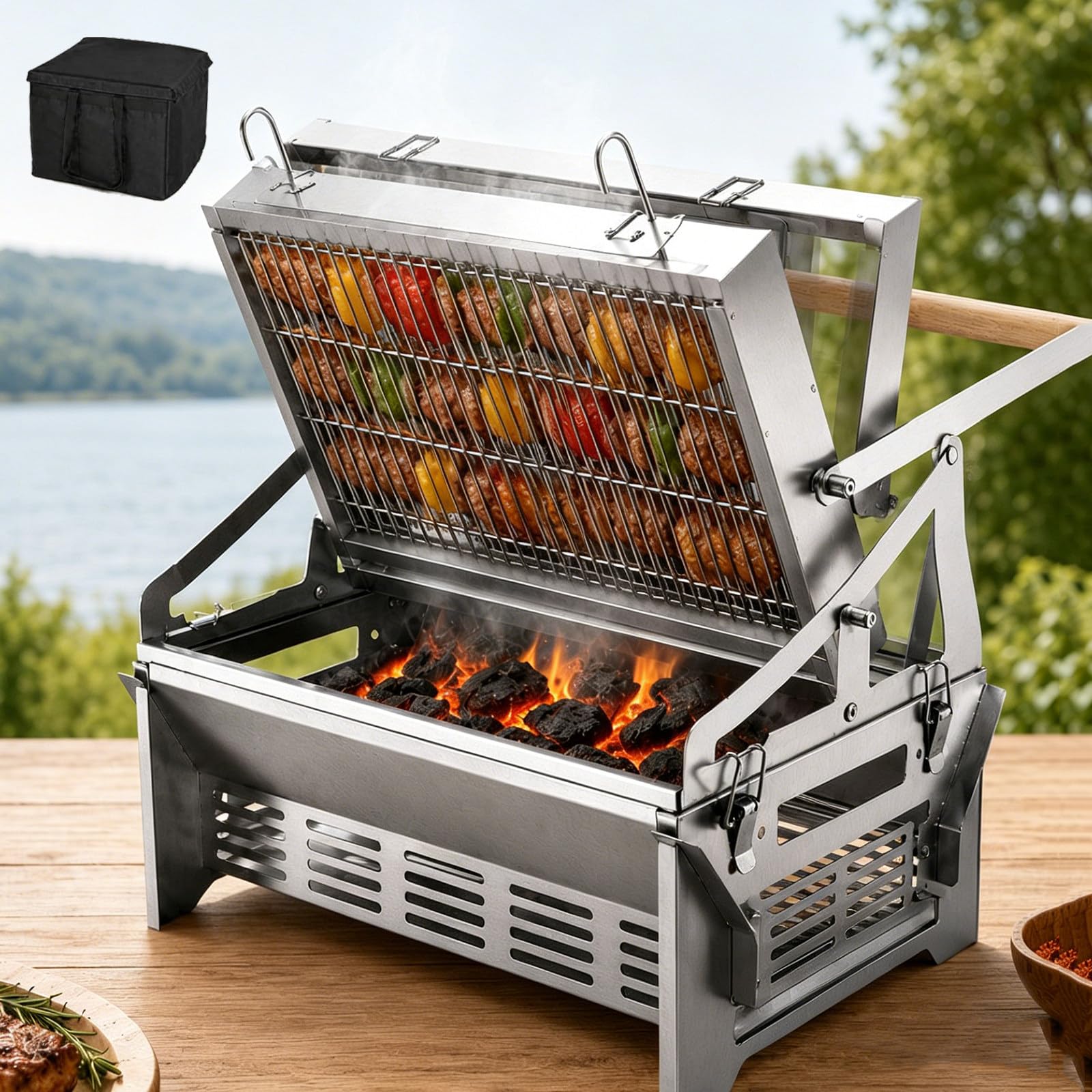 Stainless Steel Charcoal Flip Grill 360 Rotating Barbecue Rack