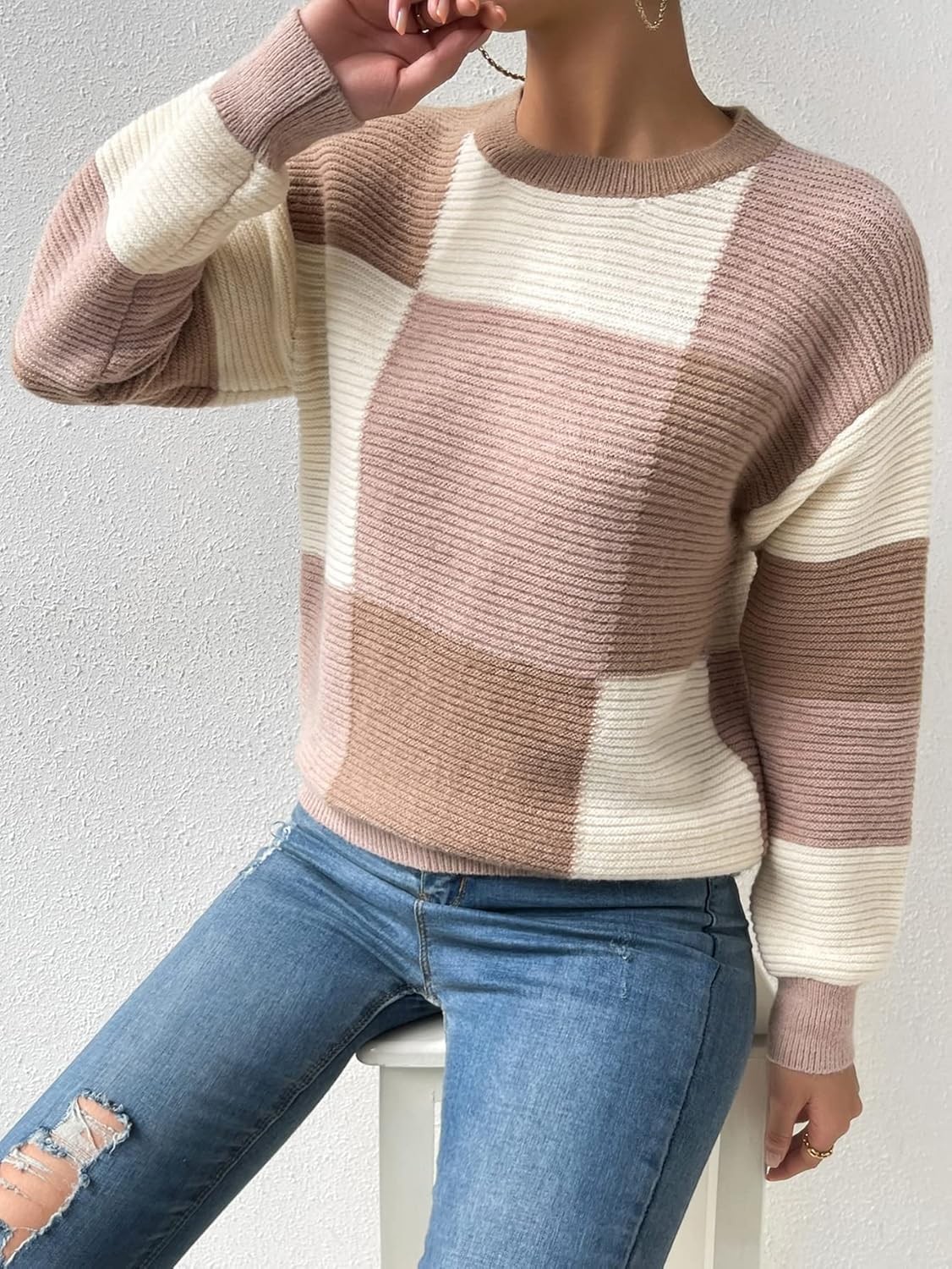 Women's Sweater Colorblock Drop Shoulder Sweater Sweater for Women (Color : Multicolor, Size : Medium)