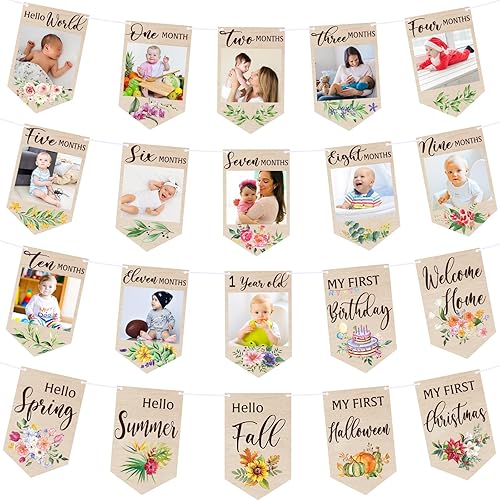 Outus Cartel de fotos de bebé de primer cumpleaños para niños y niñas, desde recién nacidos hasta 12 meses, fotografía mensual de hito, banderines,