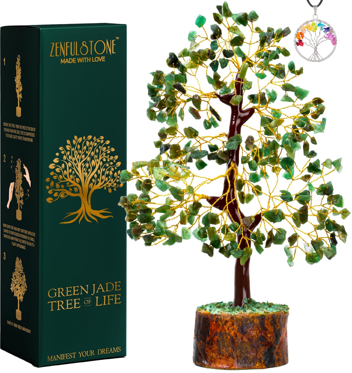 ZENFULSTONE Green Jade Crystal Tree of Life for Luck & Prosperity Decor for Home and Office | Handmade Bonsai for Wealth & Balance and Good Fortune | Perfect Well-Being Gift for...