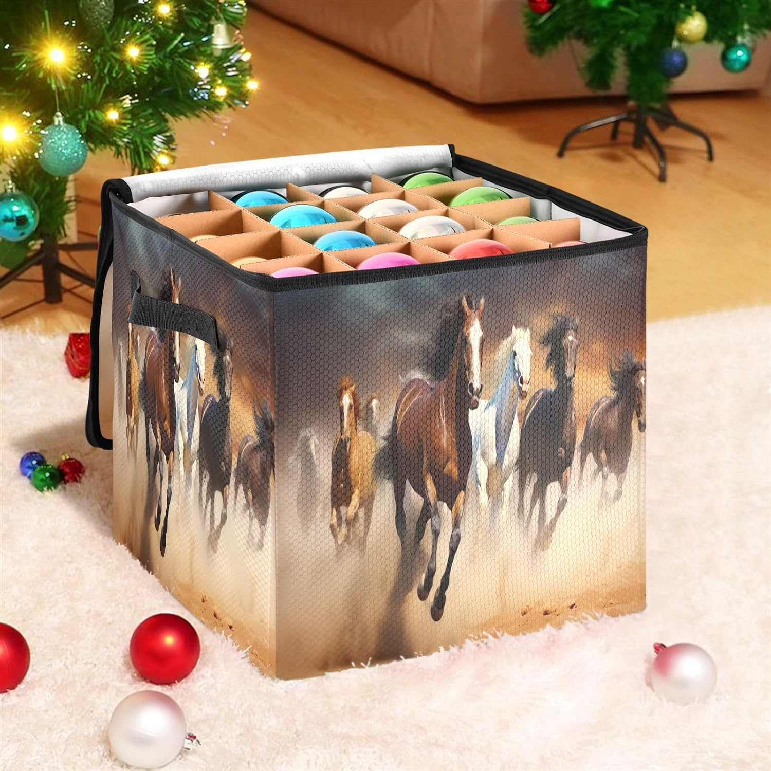 Running Horses 13 Inch Christmas Ornament Storage Box with Lid - Holiday Decor Storage Containers, Stores 64 Ornaments, 3 Inch Cube Compartments
