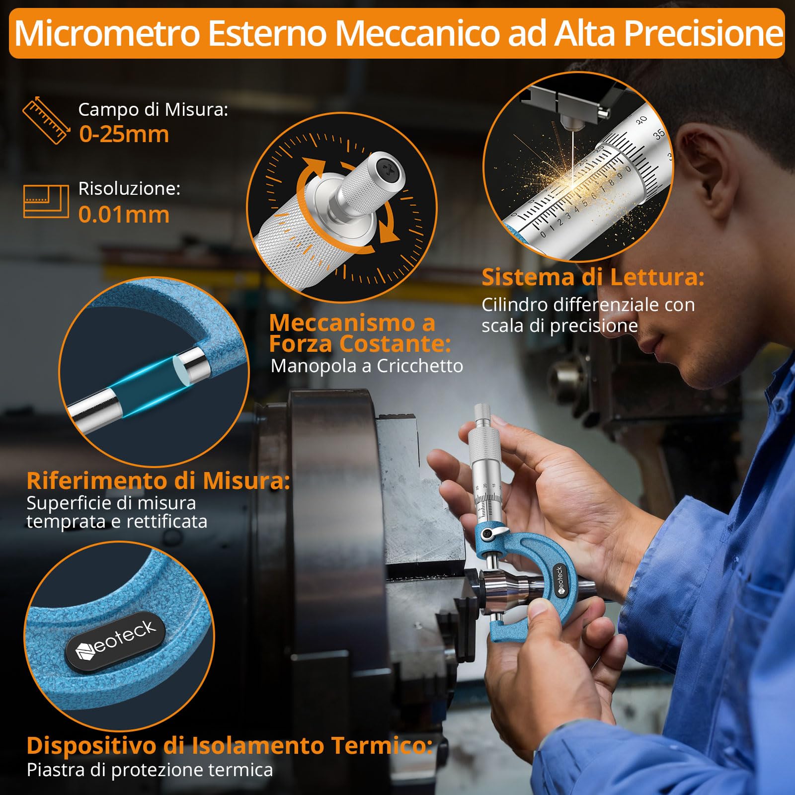 Neoteck Kit Micrometro Professionale: Micrometro Elettronico Digitale 0.001mm + Micrometro Meccanico 0.01mm di Precisione, per Officina Meccanica, Controllo Qualità e Lavori di Precisione