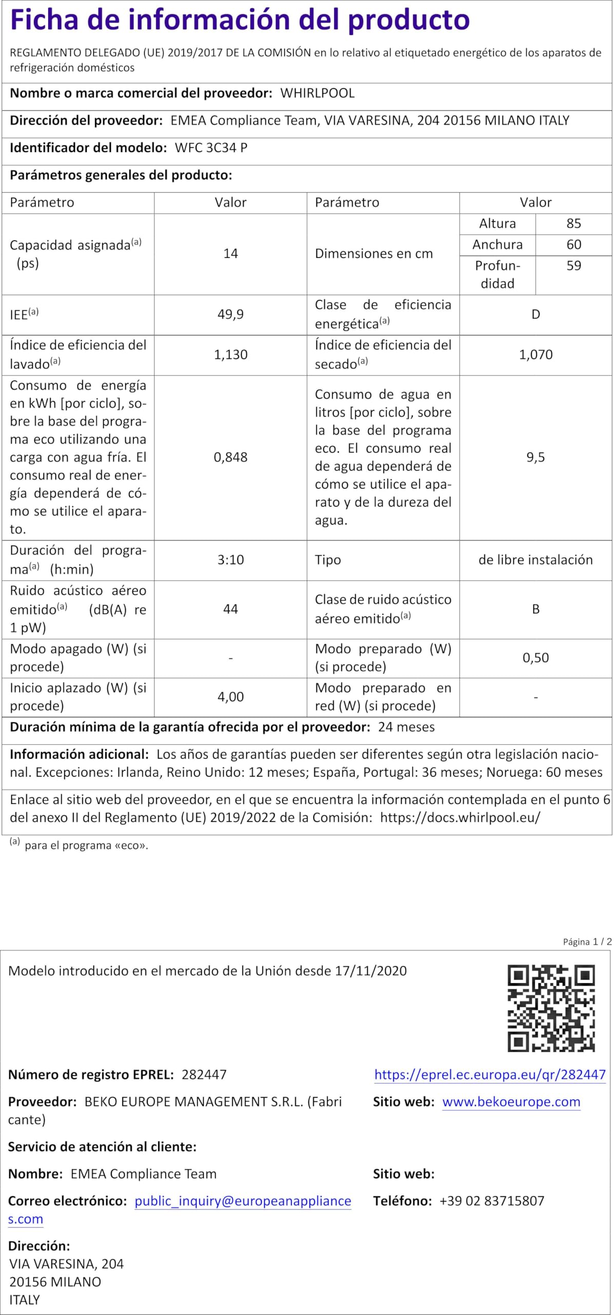 Whirlpool - Lavavajillas WFC 3C34 P 60 cm blanco, tecnología power clean, 44dBA, 14 cubiertos, eficiencia NEL D