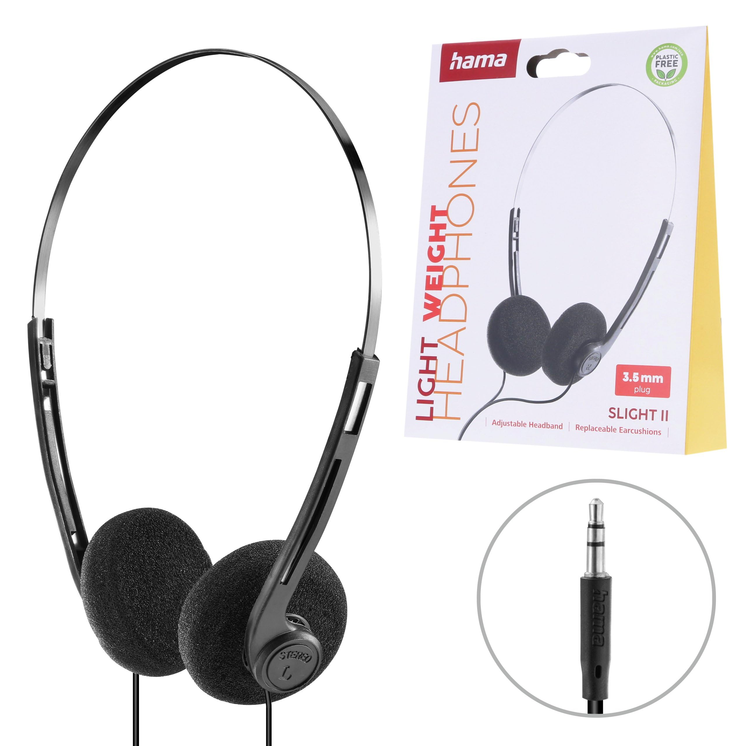 HAMA Slight II Słuchawki Przewodowe Nauszne, Czarne, Lekkie, Kompatybilne z urządzeniami 3.5 mm Minijack, Regulowany Pałąk, Długi Kabel, Czysty Dźwięk
