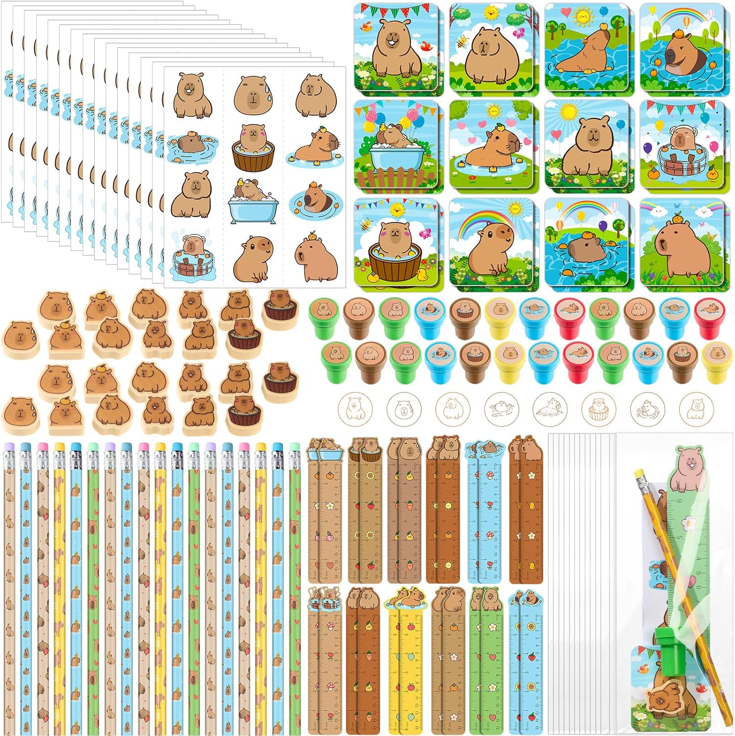 Cholemy 168 Pcs Capybara Party Favor Party Supplies Stationery Set Notebook Sticker Stamper Eraser Ruler Pencil for Baby Shower Birthday Gift Prize