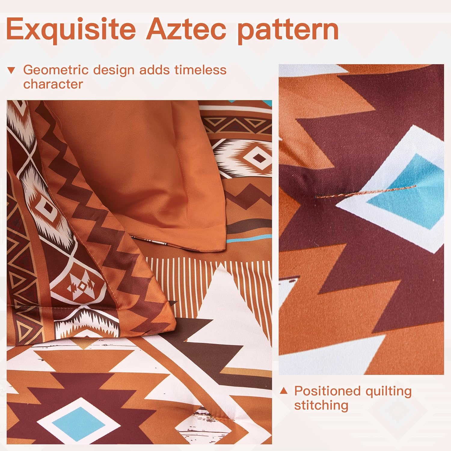 Burnt Orange King Size Comforter Set – 3 Piece Boho Aztec Western Bedding Sets, Soft Lightweight Comforter for All Seasons, Southwestern Style, 1 Comforter & 2 Pillow Shams - Image 8