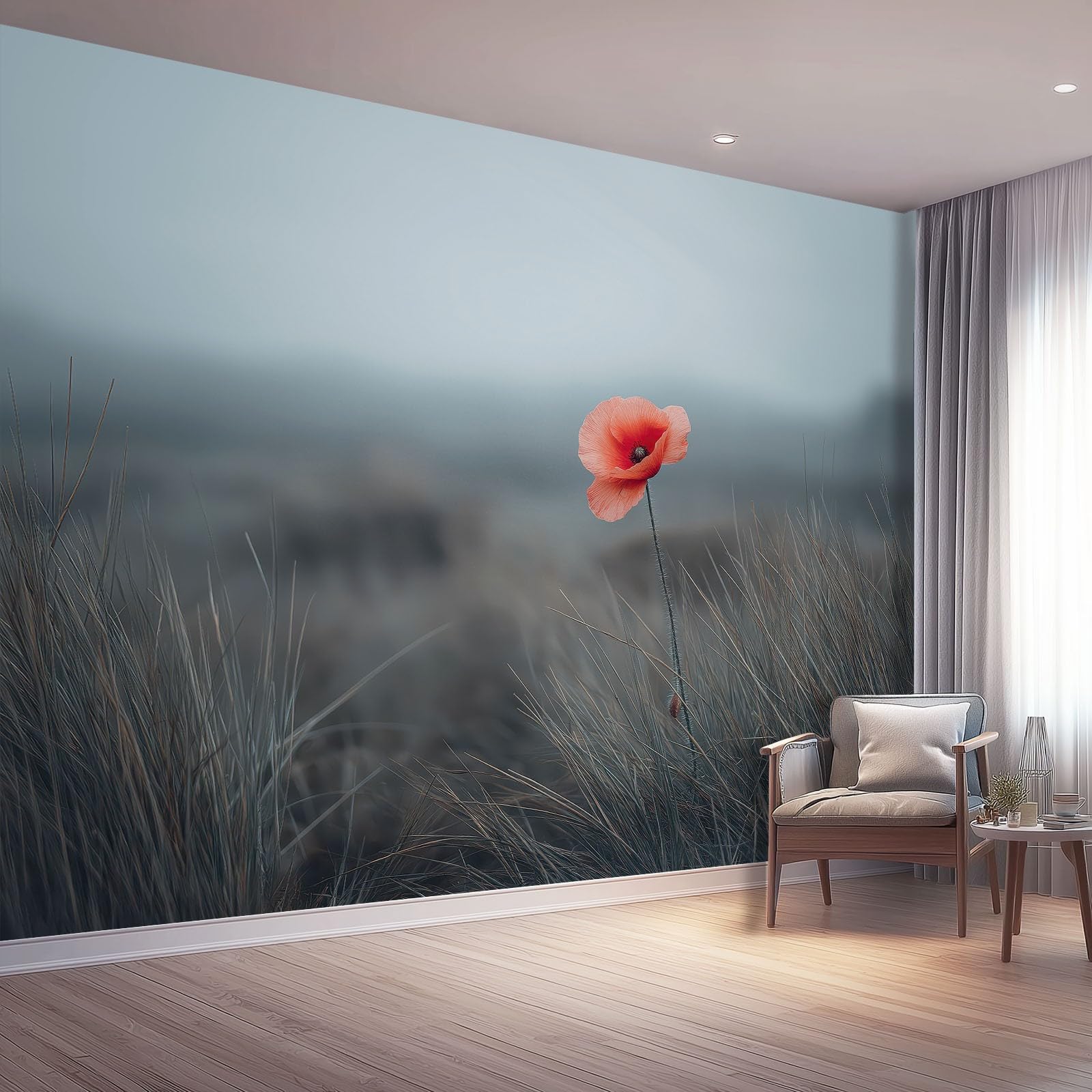 Minimalist Nordic Panoramic Mural Wallpaper, Poppies Grass Non-Woven Murals, Red Gray Photo Wallpaper for Bedroom Living Room Hallway Kitchen Wall Mural, 400 x 280 cm Removable Wall Decoration