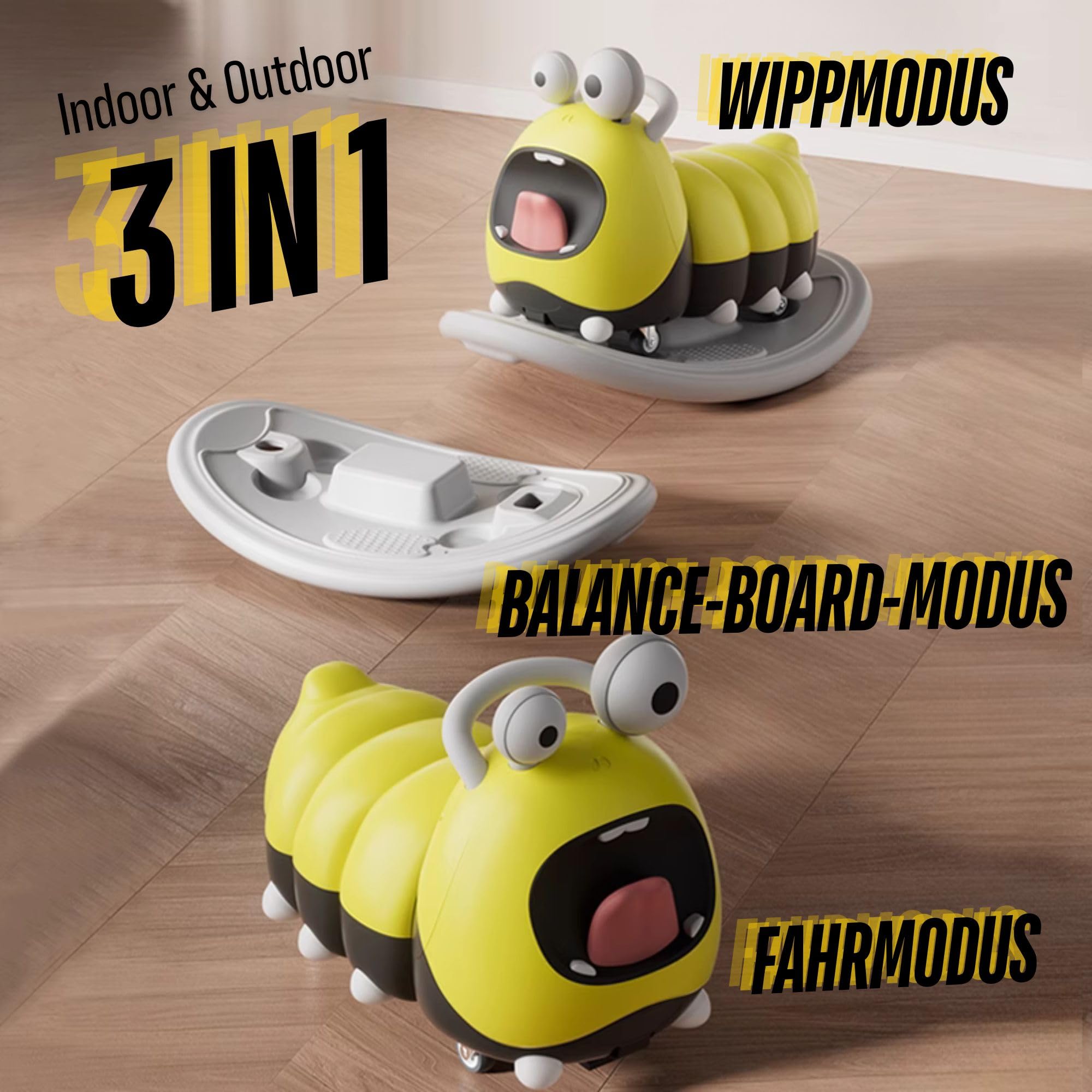 3in1 Rutschfahrzeug Babyroller + Schaukeltier + Balancierbrett, Yoyo Babyrutscher Rutschauto Geschenke ab 10 Monaten, PP Material, BPA-frei, max. 30kg, Gelb