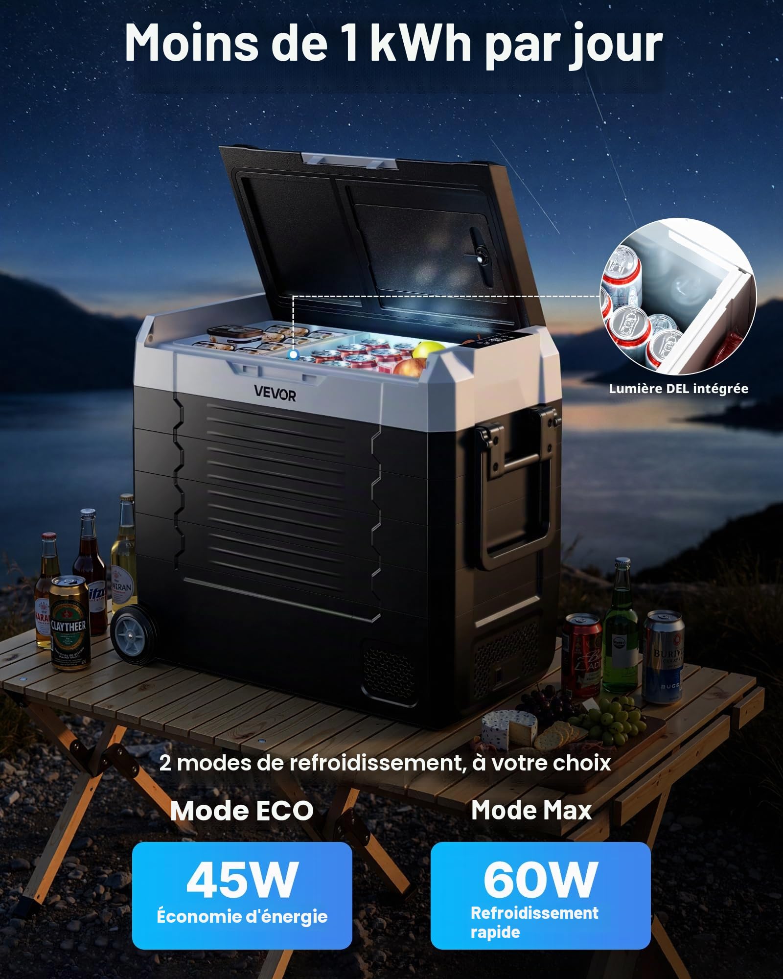 VEVOR Réfrigérateur Portable à Compression 55 L, Glacière Électrique DC 12/24 V et AC 100-240 V, pour Camping Pêche Caravane, Mini Frigo Voiture à Double Zone, -20 à 20 °C, Contrôle via Application