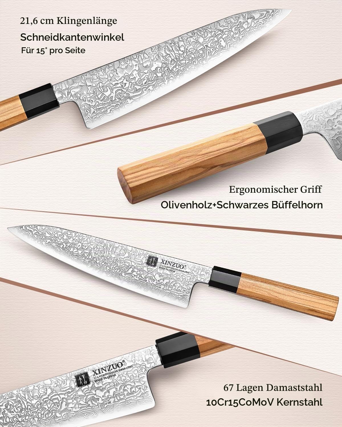 XINZUO 21,5cm Damaststahl Kochmesser, japanischen Stil Chefmesser Profi Küchenmesser, Handgeschmiedet Damastmesser zum Schneiden von Fleisch und Gemüse-Olivenholz und schwarzer Büffelhorngriff