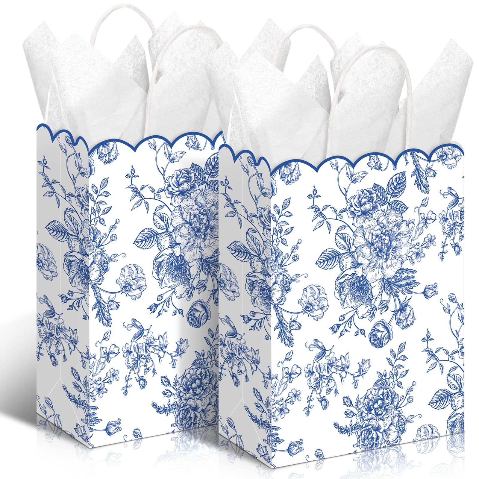 Kolldenn 24 Pcs Blue Floral Gift Bags with Handles Wildflower Party Favor Candy Treat Goodie Bags Scalloped for Birthday Decoration for Bridal Baby