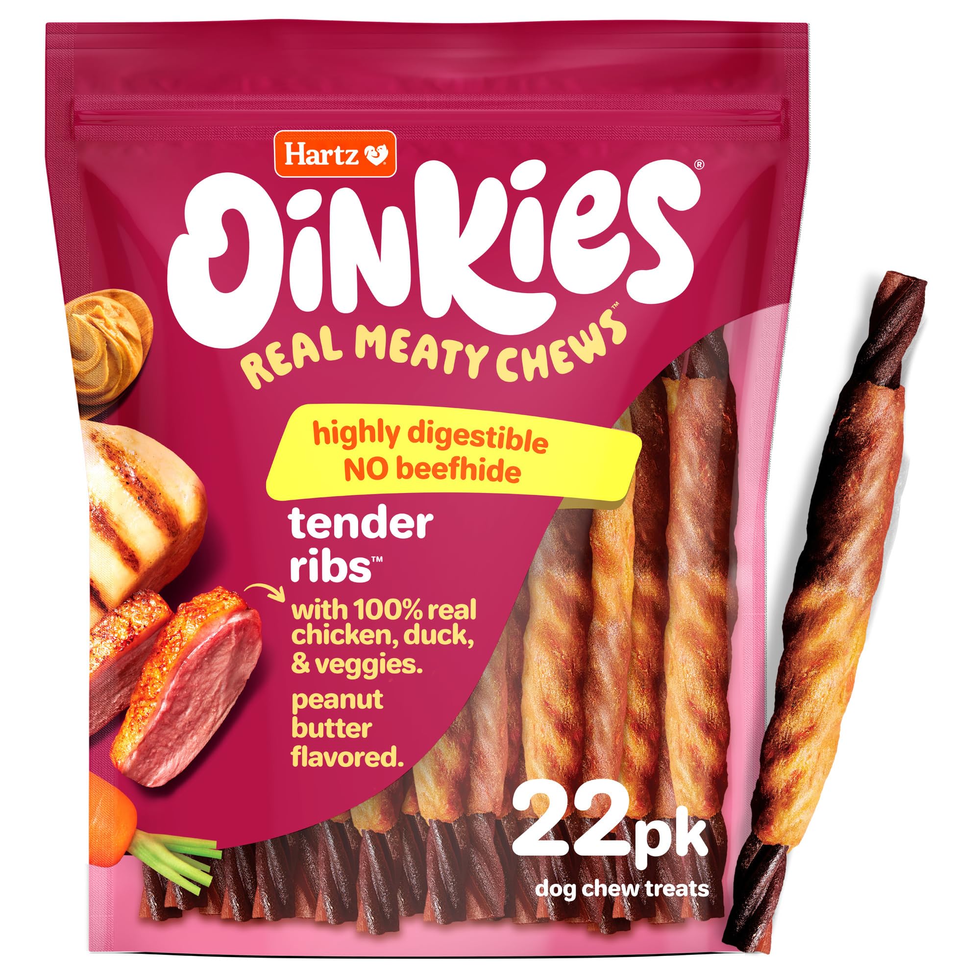HartzOinkies Tender Ribs with Real Chicken, Duck & Veggies, Peanut Butter Flavored Rawhide-Free Dog Treats, Highly Digestible Dog Chews, 22 Count