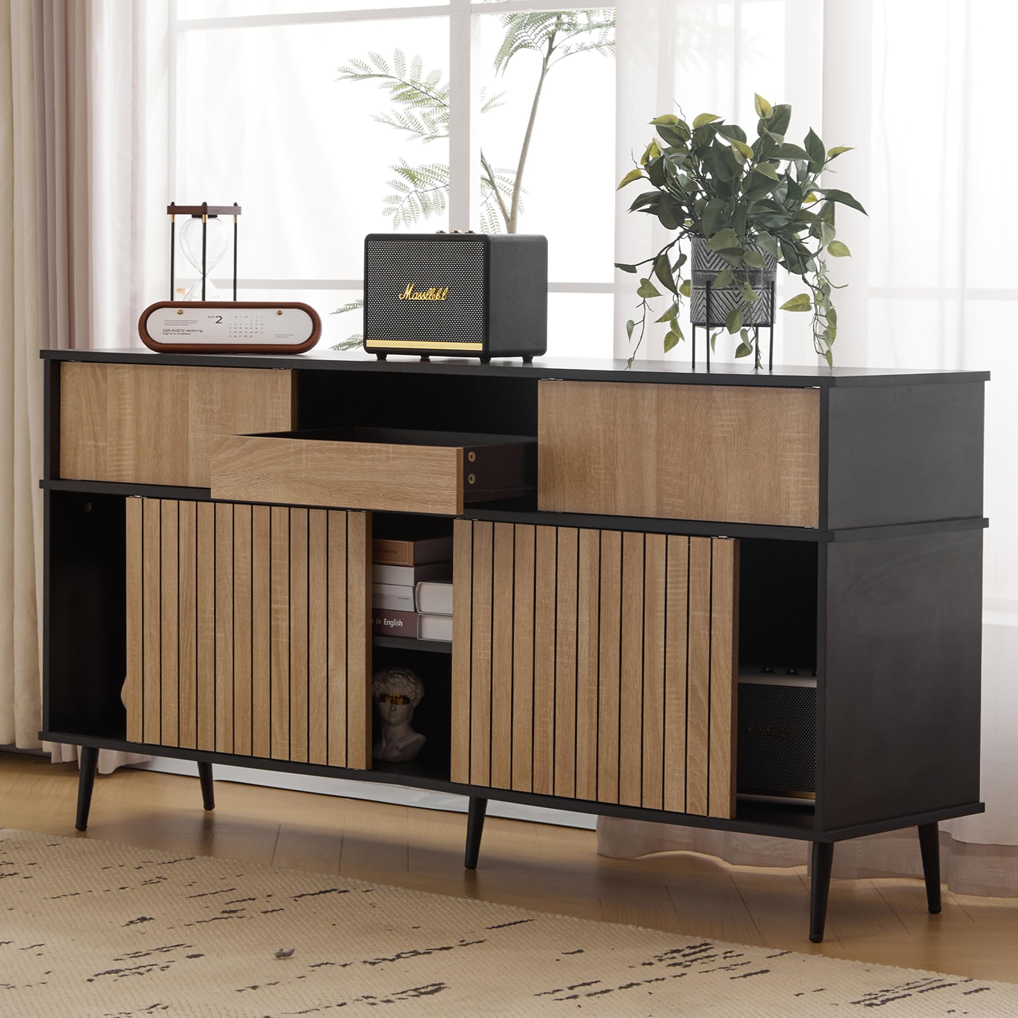 Zepneiy Cassettiera 160 x 40 x 80 cm con 4 ante scorrevoli e 1 cassetto, rovere+nero
