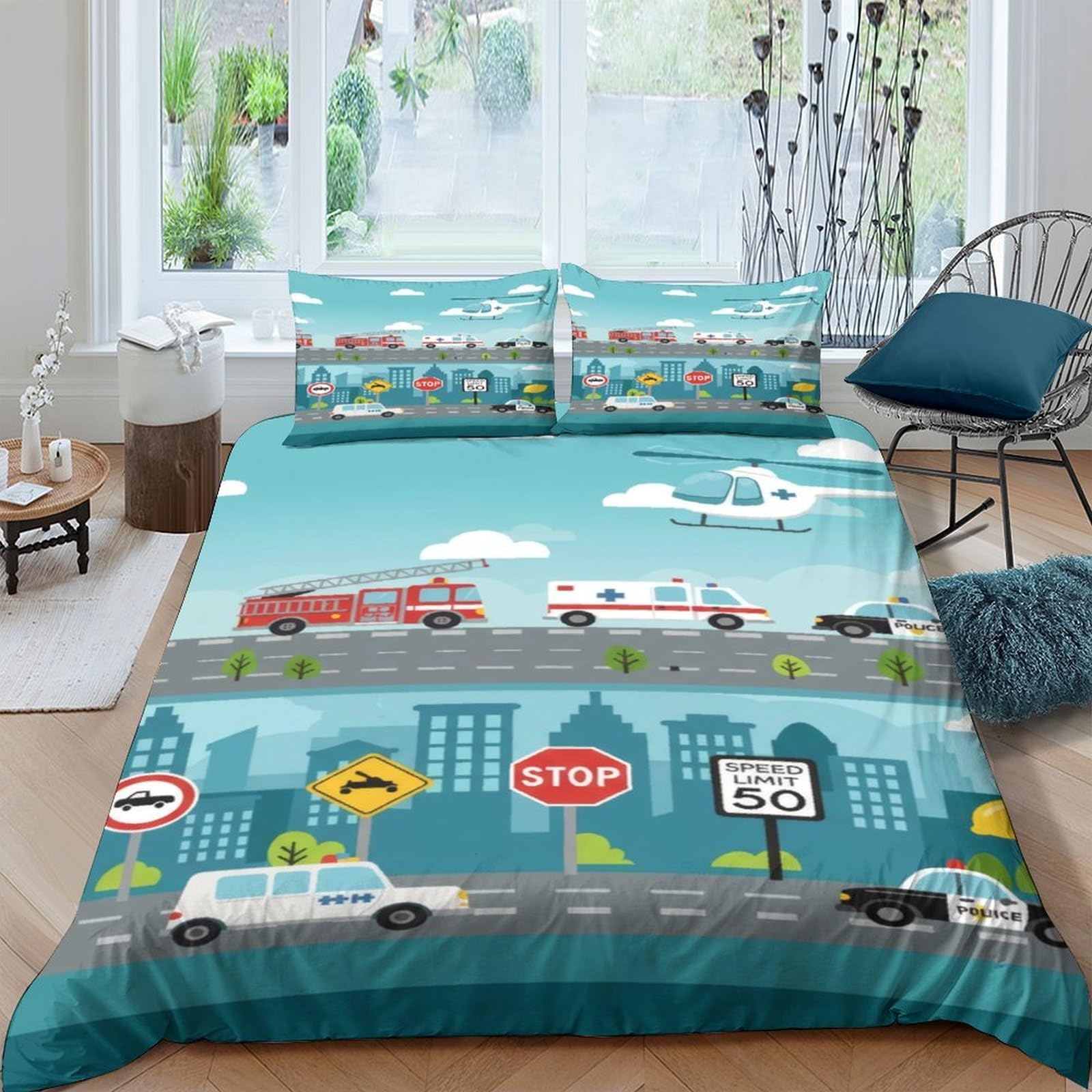 Ctjqhvkz Style-6 3D Printed Traffic City Fitted Sheet Microfiber Soft Blue Road Sign Car Bed Cover For Bedroom Dorm Mattress Protection Decor Single（135X200cm）