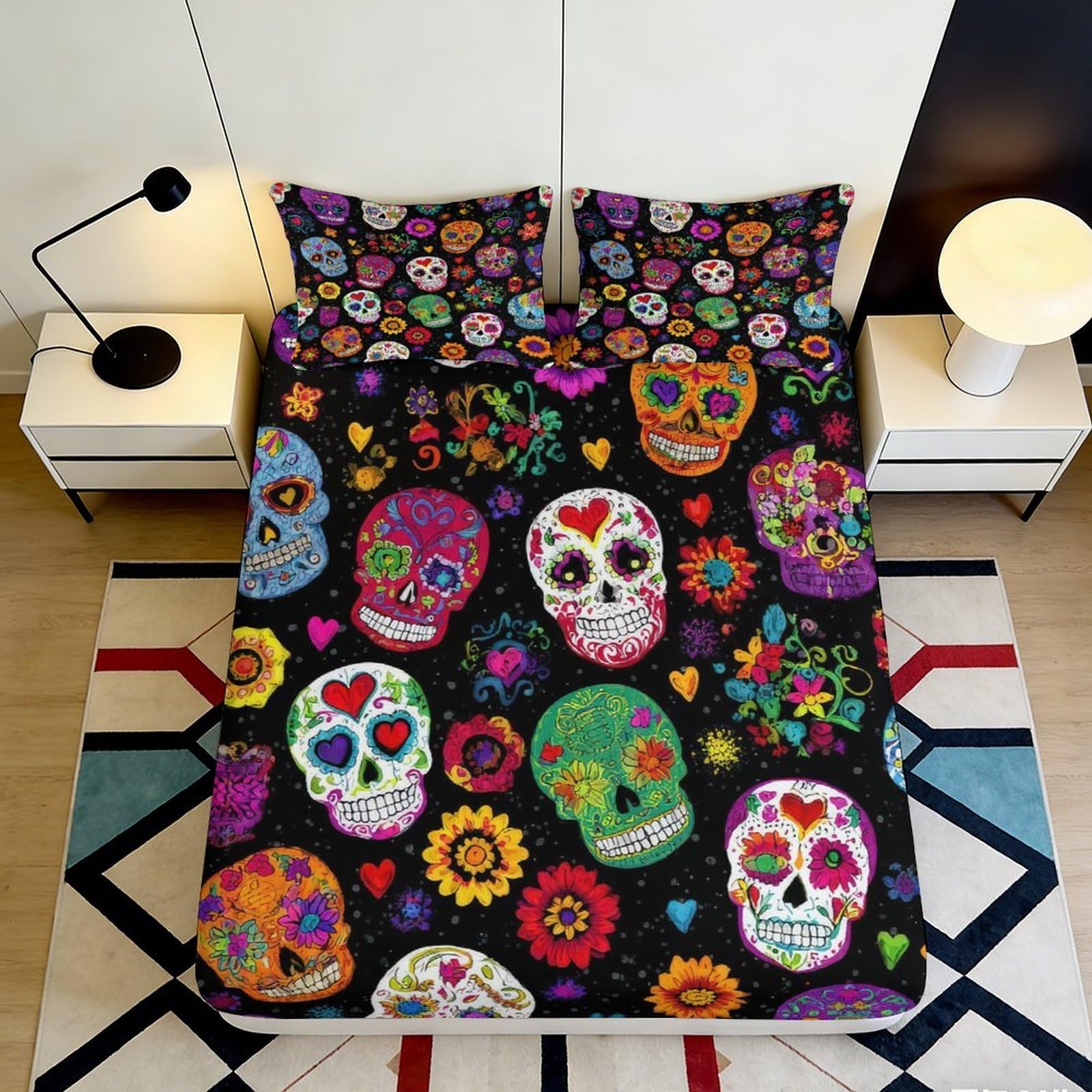 3D Printed Colorful Sugar Skull Fitted Sheet Microfiber Soft Art Flower Bed Sheet for Bedroom Dorm Decorative 90x200x25cm