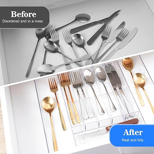 Miniatura 5 de HOMEE Organizador de cajones de cocina expandible para cubiertos y utensilios, organizador de cubiertos de acrílico, organizador de cajones de