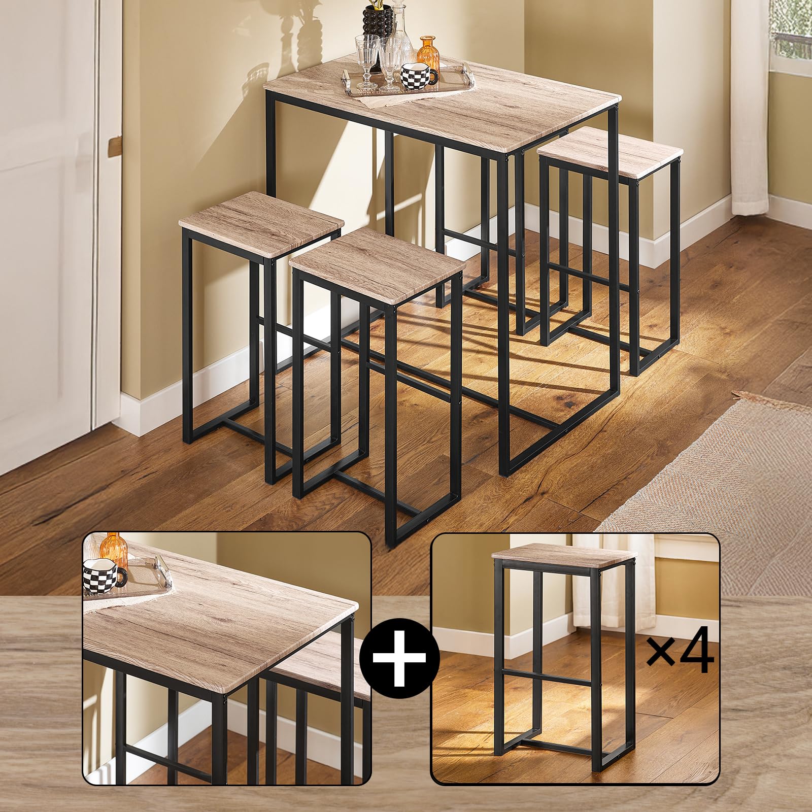 SoBuy Table Haute Mange Debout avec 4 Tabourets Ensemble Table Bar Cuisine Gain de Place pour Petit Espace Table Mange-Debout Compacte pour Cuisine, Balcon ou Salle à Manger 100x60x93cm OGT15-N