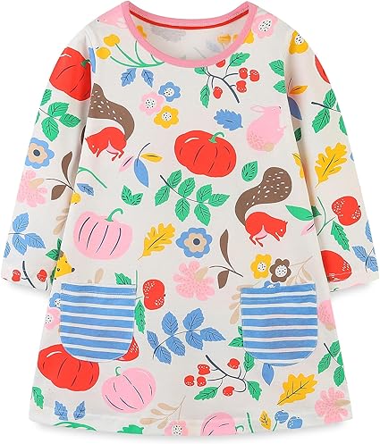 FreeLu Toddler Girls Cartoon Applique Dresses Striped Casual Dress Cotton Jersey Longsleeve T-Shirt