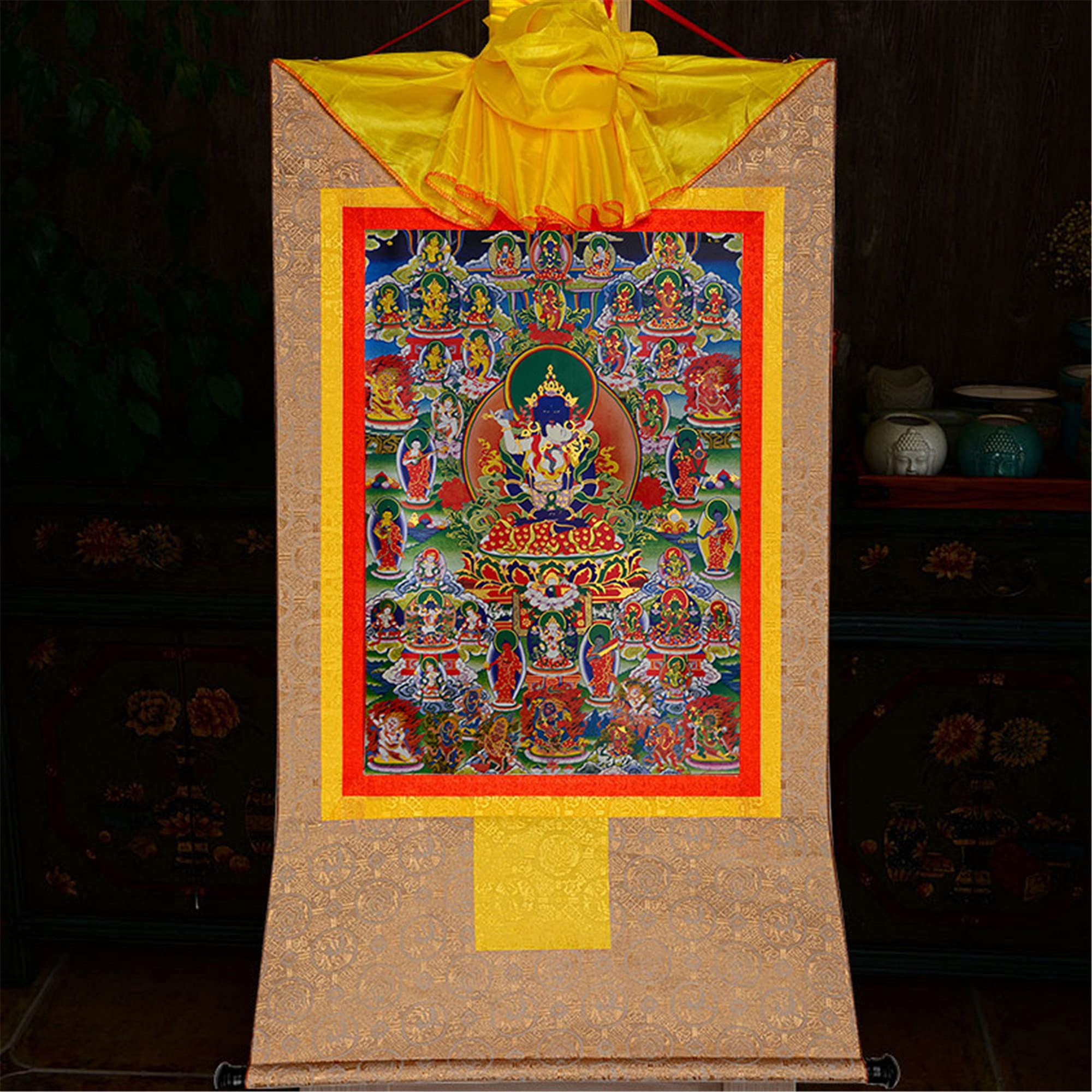 Gandhanra Thangka Tibetano - 42 Divinità pacifiche del Bardo Thodol (Libro tibetano dei morti) - Arazzo di Buddha a Stampa Dorata per Decorazione Zen, Meditazione, Rilassamento Spirituale e Pace