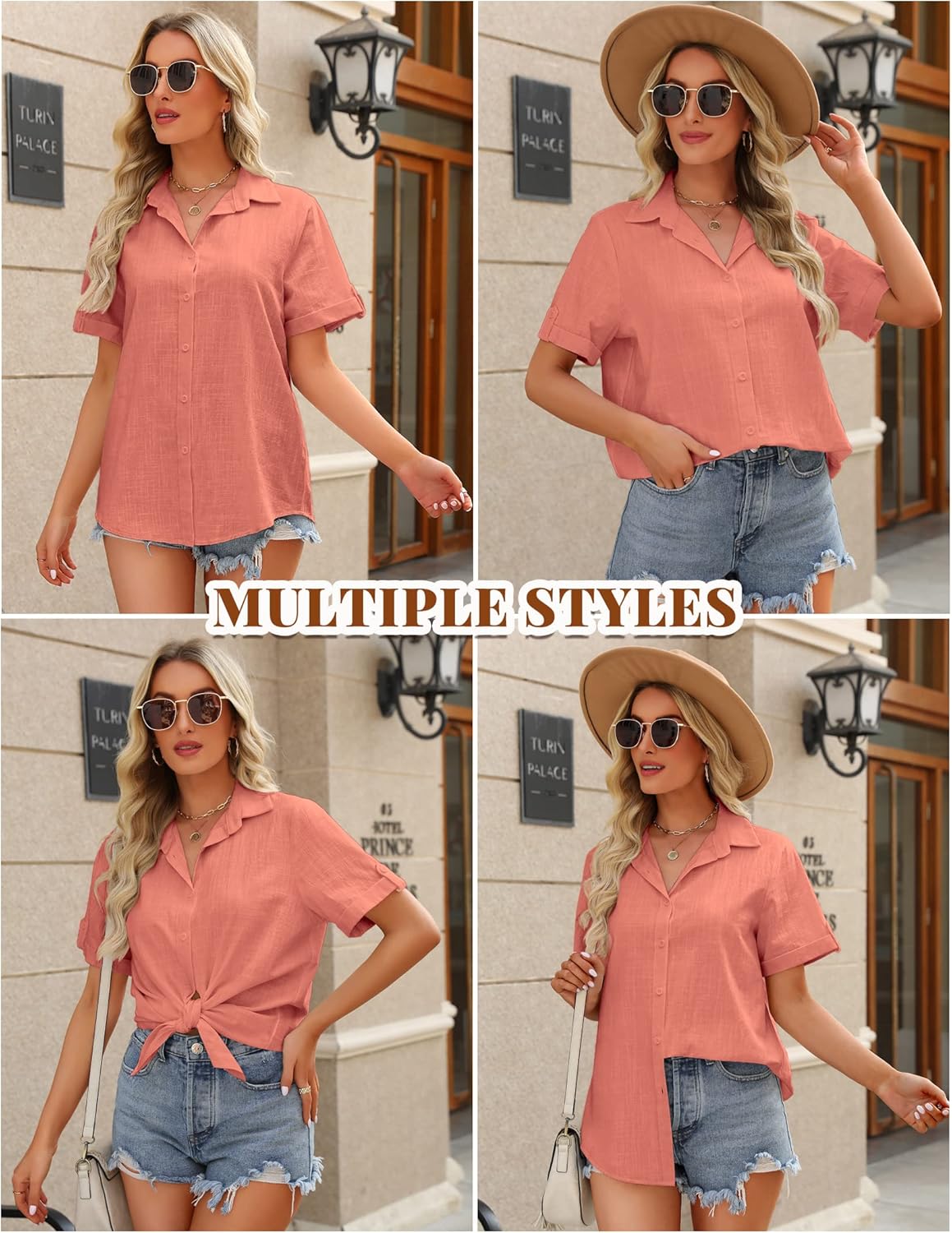 Hotouch Linen Button Down Shirt Women Roll-Up Cuffed Short Sleeve Blouses V Neck Collared Shirts Summer Beach Cotton Tops - Image 2