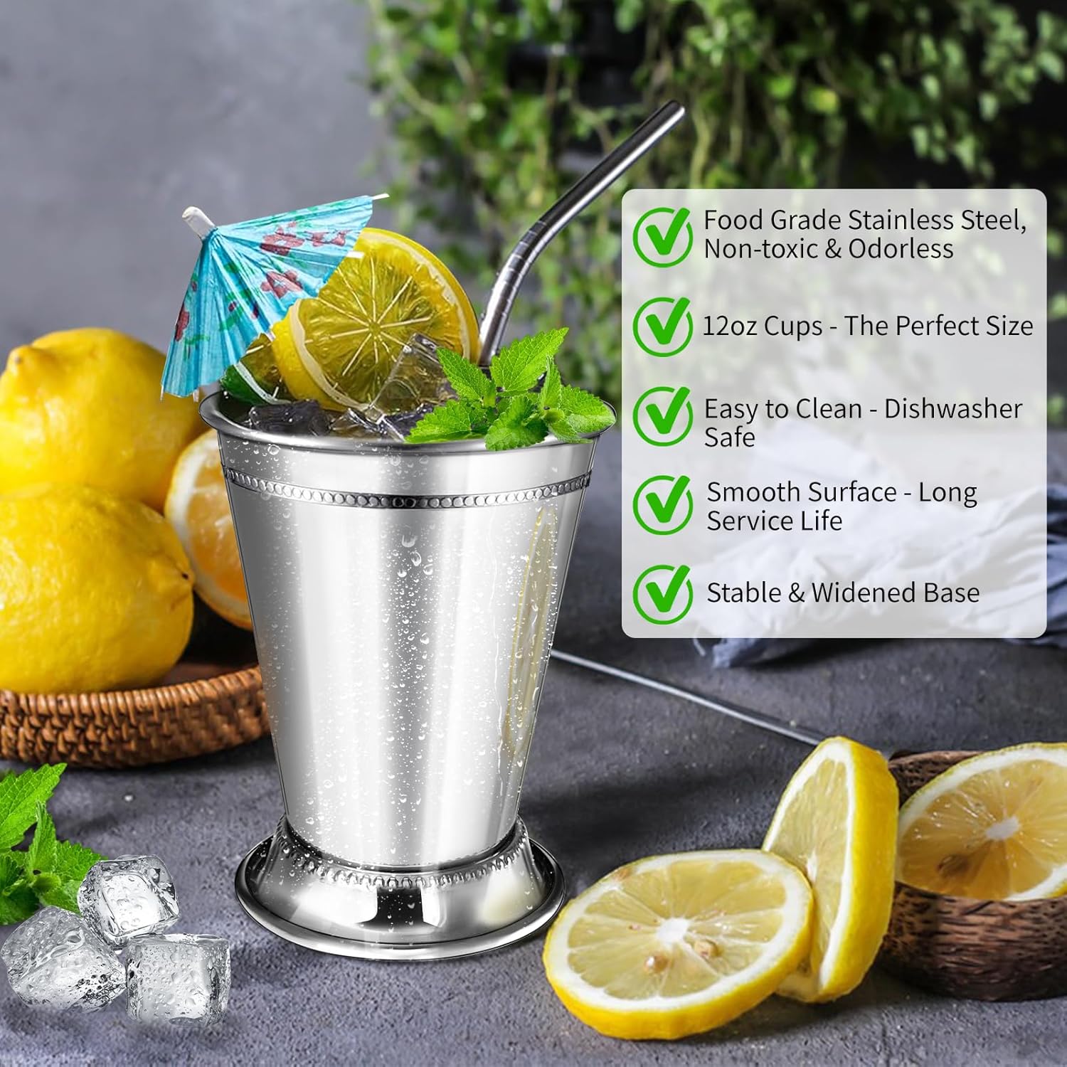 6 Sets Mint Julep Cups Silver with Straws 12 oz Stainless Steel Drinking Cups Beaded Mint Julep Cups Metal Cocktail Glasses with Straws and Drink Picks for Mint Julep Cocktails Beer Juice Beverage - Image 4
