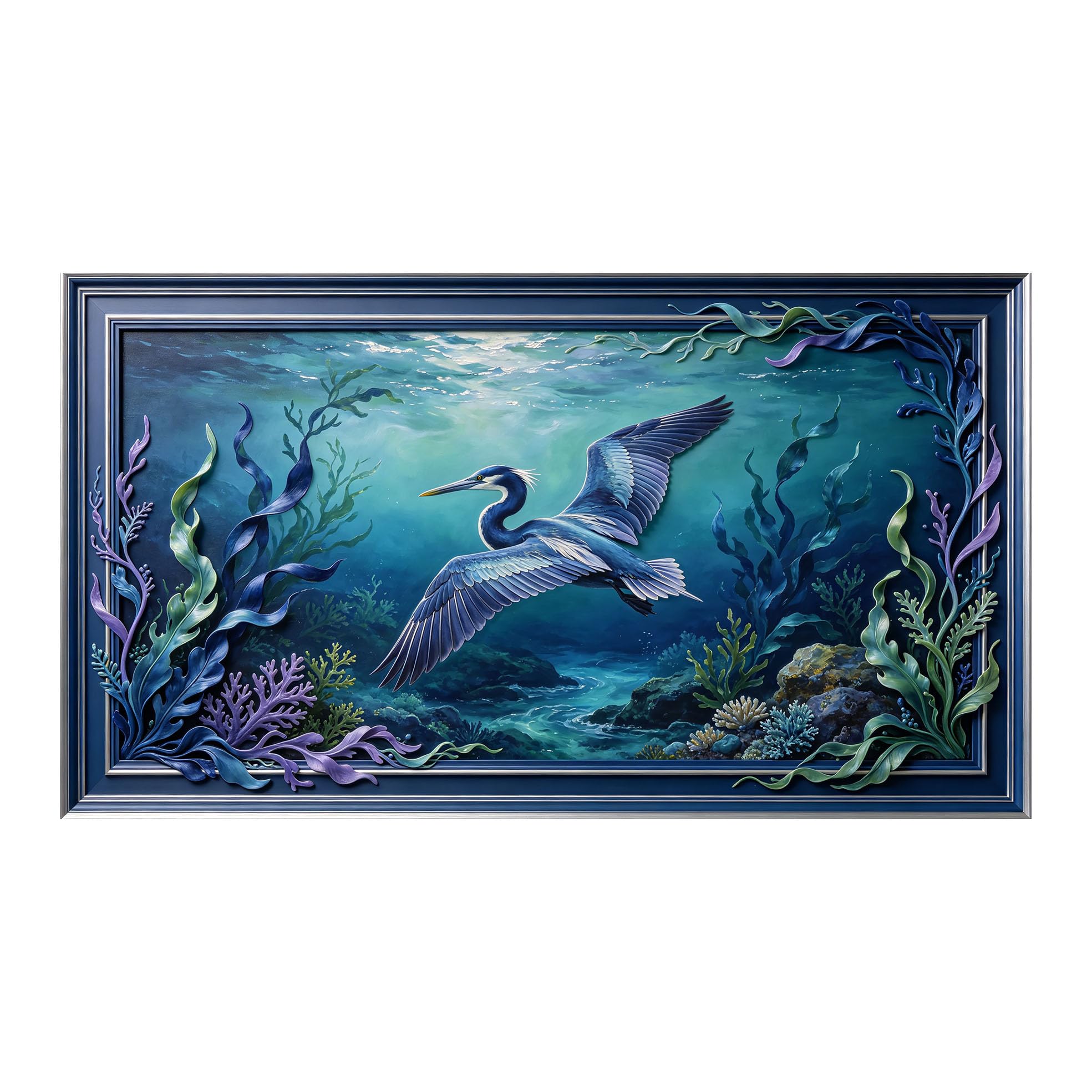 Yzpallescene 3D 3D Framed Wall Art 50cm×90cm Ocean Seascape Heron Watercolor Large Size SelfAdhesive Removable Wall Decor Prints Artwork for Living Room Bedroom Office