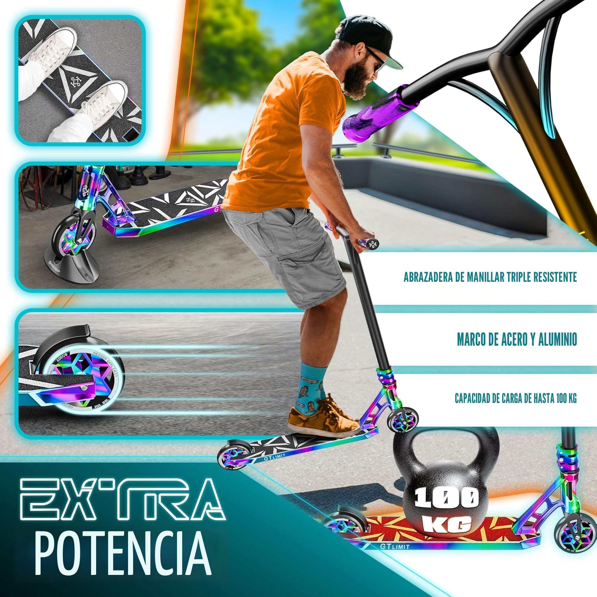 KESSER® Patinete acrobático GT-Limit, Patinete Divertido con dirección de 360Ḟ, Patinete acrobático con Soporte, rodamientos de Bolas ABEC 9, Ruedas de PU de 110 mm, Patinete Scooter