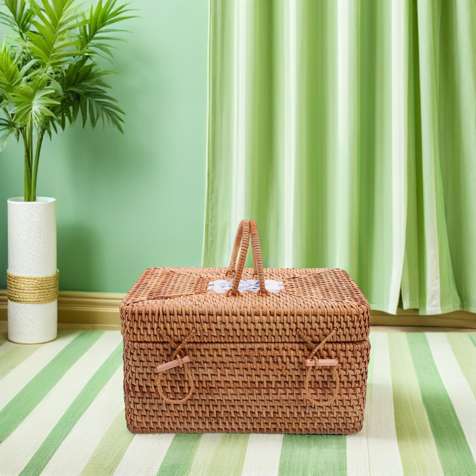 Cesto da Picnic in Rattan Intrecciato con Manico Porta Snack e Frutta Scatola di Stoccaggio Boho in Stile Country Contenitore Spazioso per Campeggio e Feste all Aperto Elegante