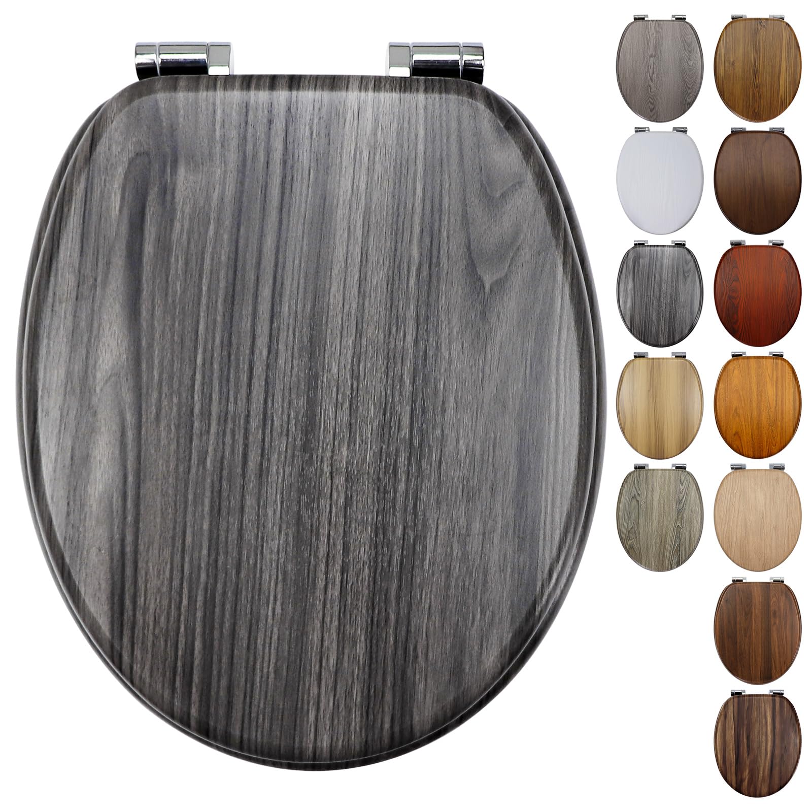 Fanmitrk Grey Wooden Soft Close Toilet Seat with Adjustable Solid Zinc Alloy Hinges, MDF Wood Oval Toilet Seat with Bottom Fixings, Easy to Clean and Install (BLG24802) โ image 1