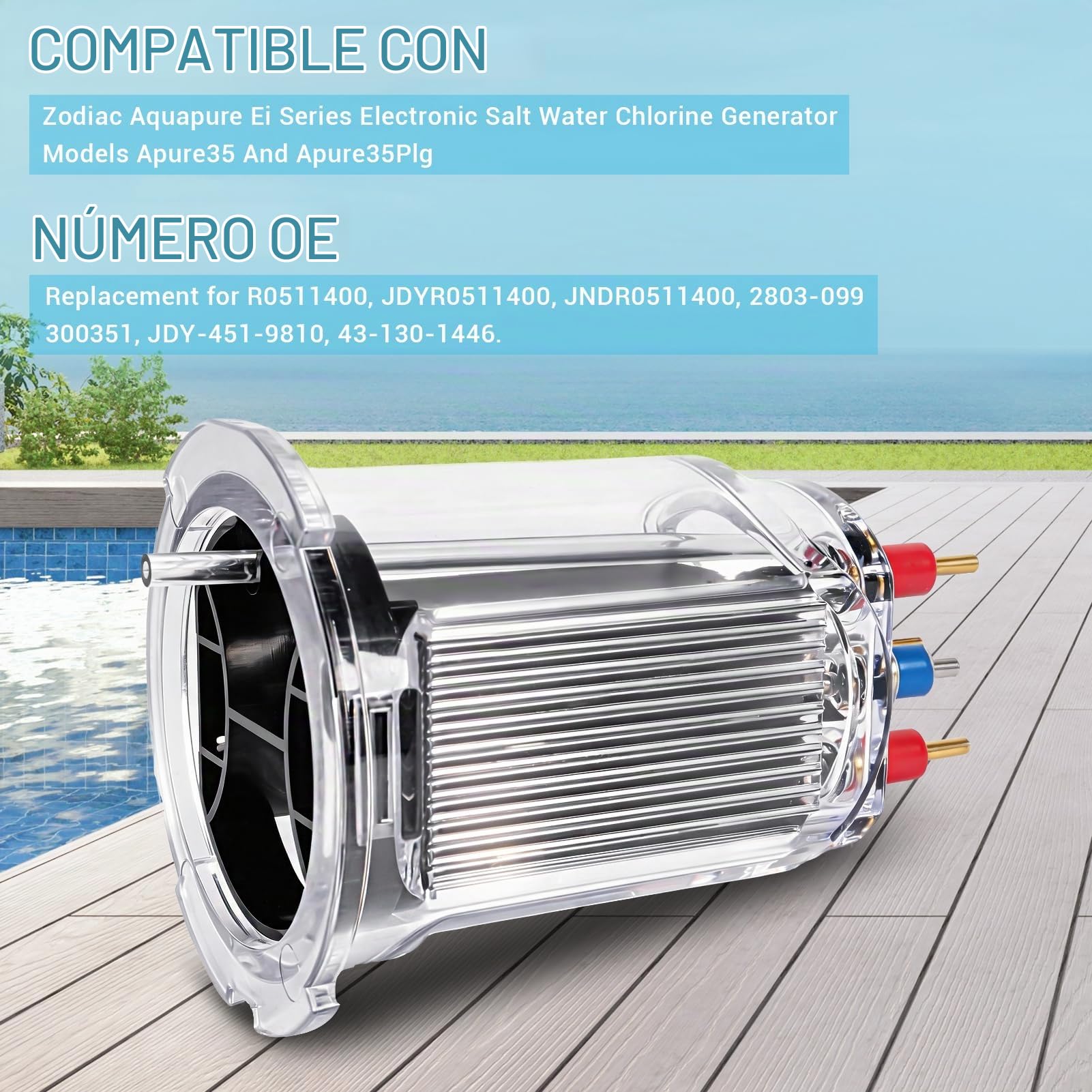 R0511400 - 35 electrodos de repuesto de celda de sal compatible con Zodiac Jandy AquaPure Ei Series Generador electrónico de cloro de agua salada APURE35 APURE35PLG, hasta 35,000 galones