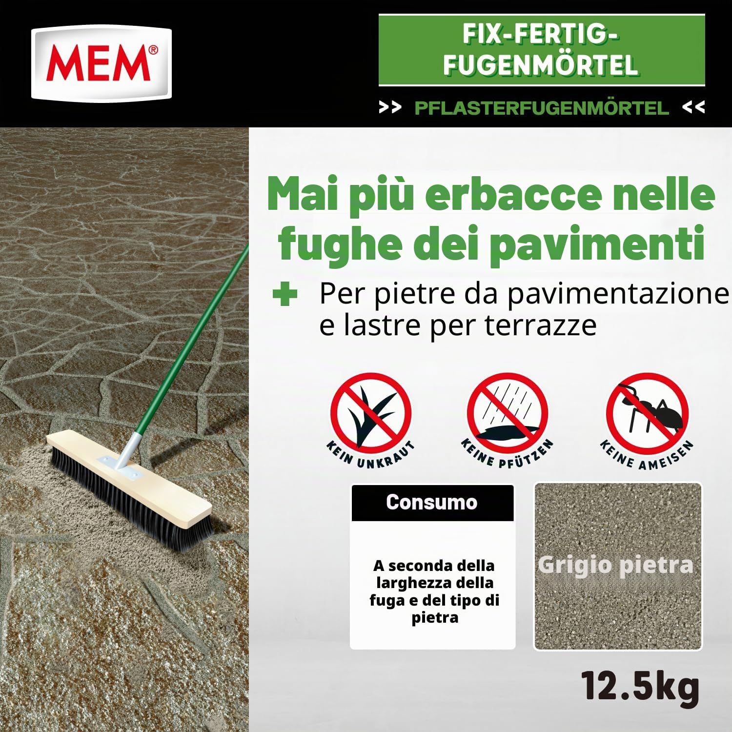 MEM Fix&Fertig Fugenmörtel, malta per fughe, colore grigio pietra, 12,5 kg (etichetta in lingua italiana non garantita)