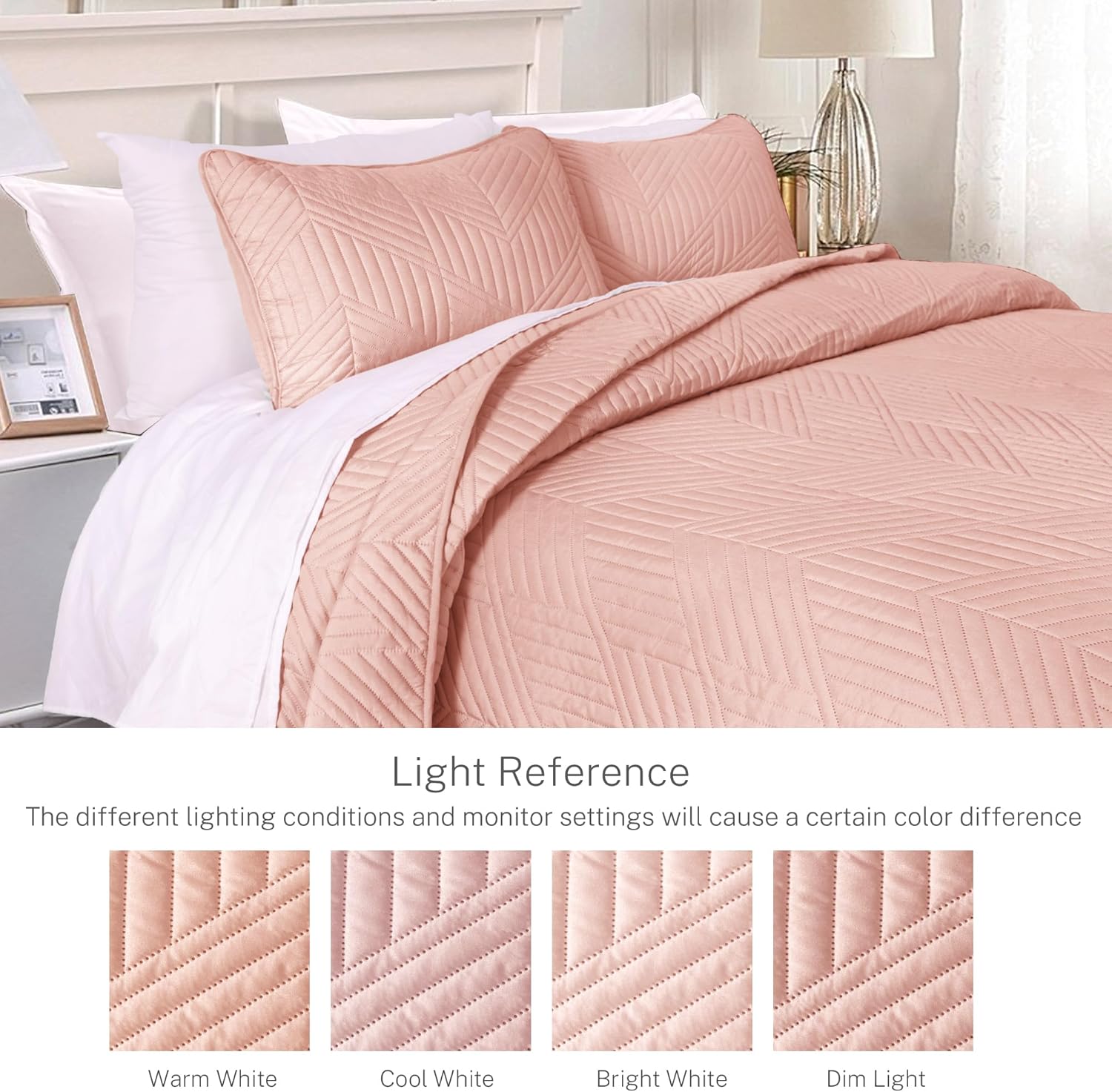 Exclusivo Mezcla Ultrasonic Full Queen Quilt Bedding Set, Lightweight Blush Pink Bedspreads Soft Modern Geometric Coverlet Set for All Seasons (1 Quilt and 2 Pillow Shams) - Image 3