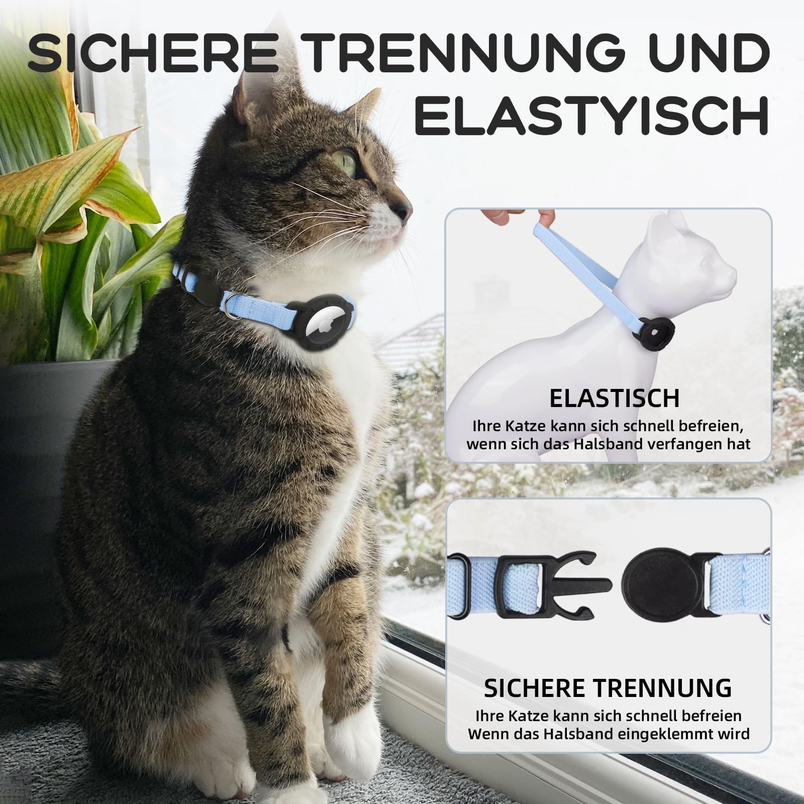 Collare Airtag Gatto, Collare Estensibile con Protezione Airtag e Campanellino, Leggero e Confortevole per Gatti di Tutte le Taglie (Blu)