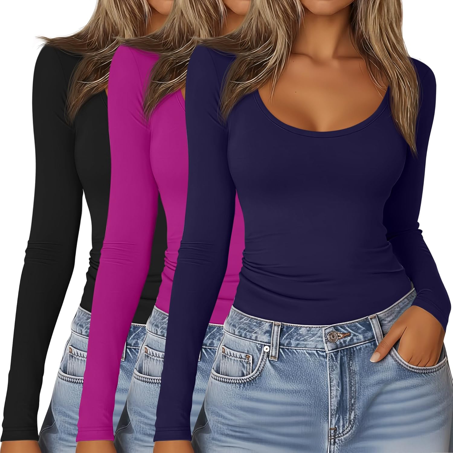 Riyiper 3 Pack Women's Long Sleeve T Shirts, Scoop Neck Under Scrub Layer Tee Basic Casual Shirts Tops