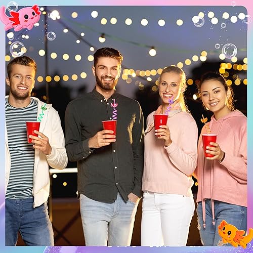 Miniatura 6 de Uiifan 30 pajitas de ajolote de plástico para fiestas, suministros de fiesta de ajolote giratorio con 2 cepillos de limpieza, popotes reutilizables